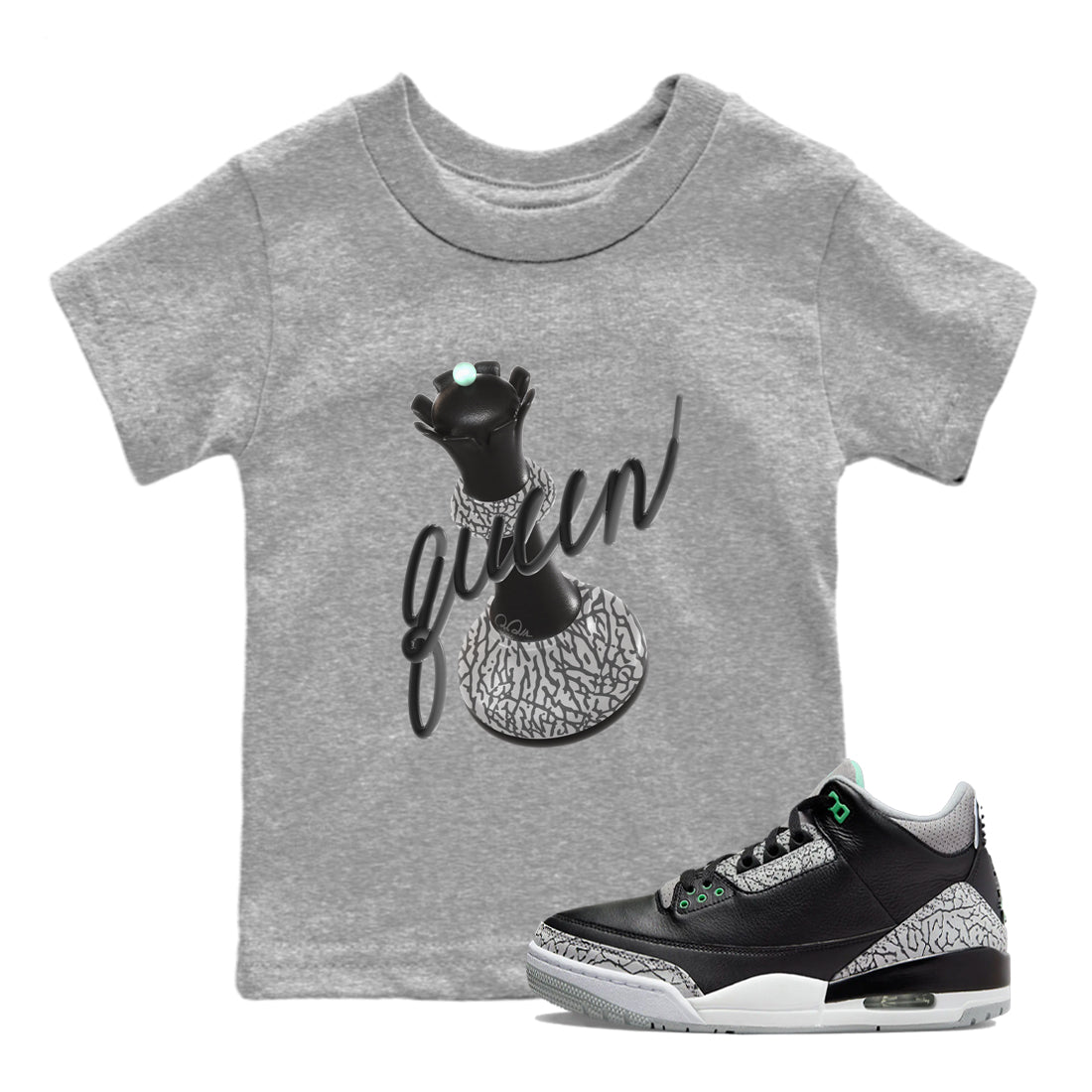 3s Green Glow shirt to match jordans 3D Queen sneaker tees Air Jordan 3 Green Glow Drip Gear Zone baby toddler Heather Grey 1 cotton Shirt
