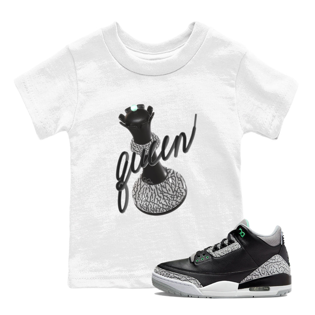 3s Green Glow shirt to match jordans 3D Queen sneaker tees Air Jordan 3 Green Glow Drip Gear Zone baby toddler White 1 cotton Shirt