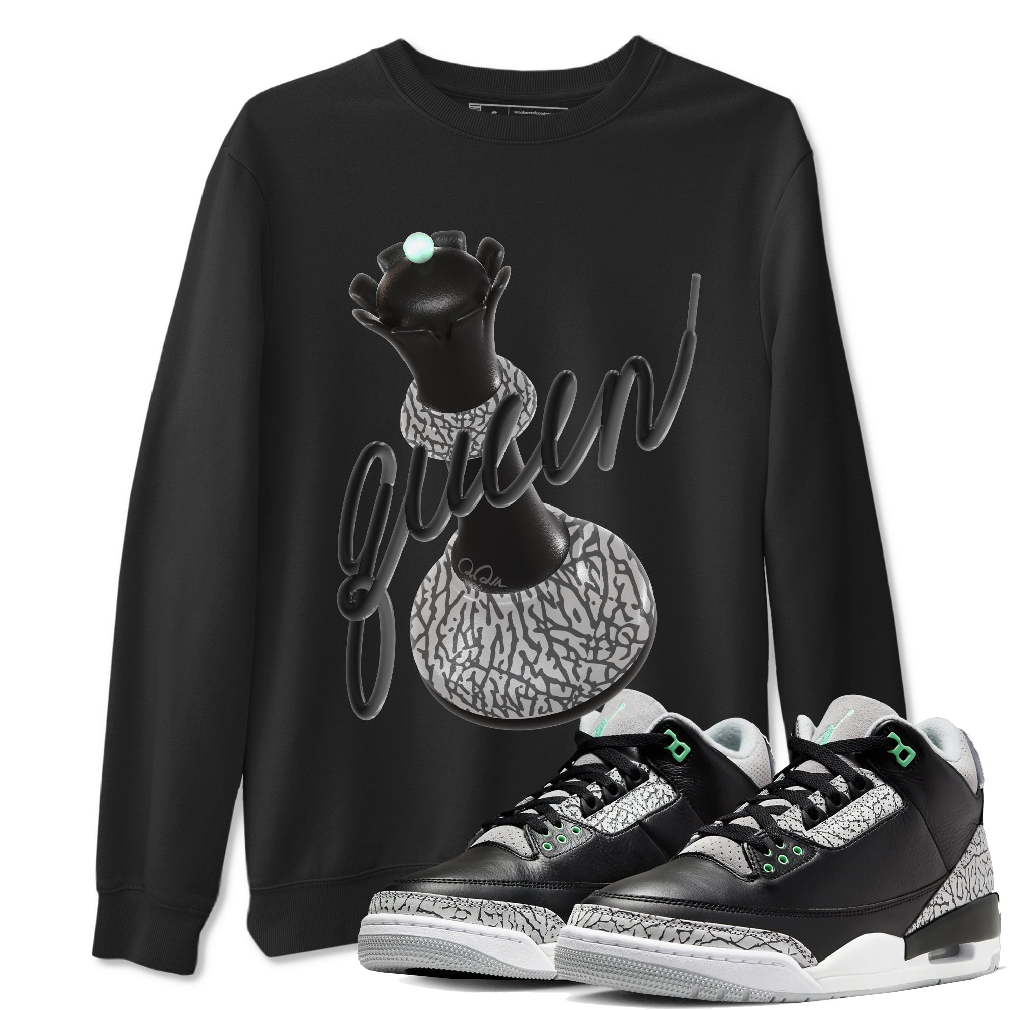 3s Green Glow shirt to match jordans 3D Queen sneaker tees Air Jordan 3 Green Glow Drip Gear Zone unisex cotton Black 1 crew neck shirt