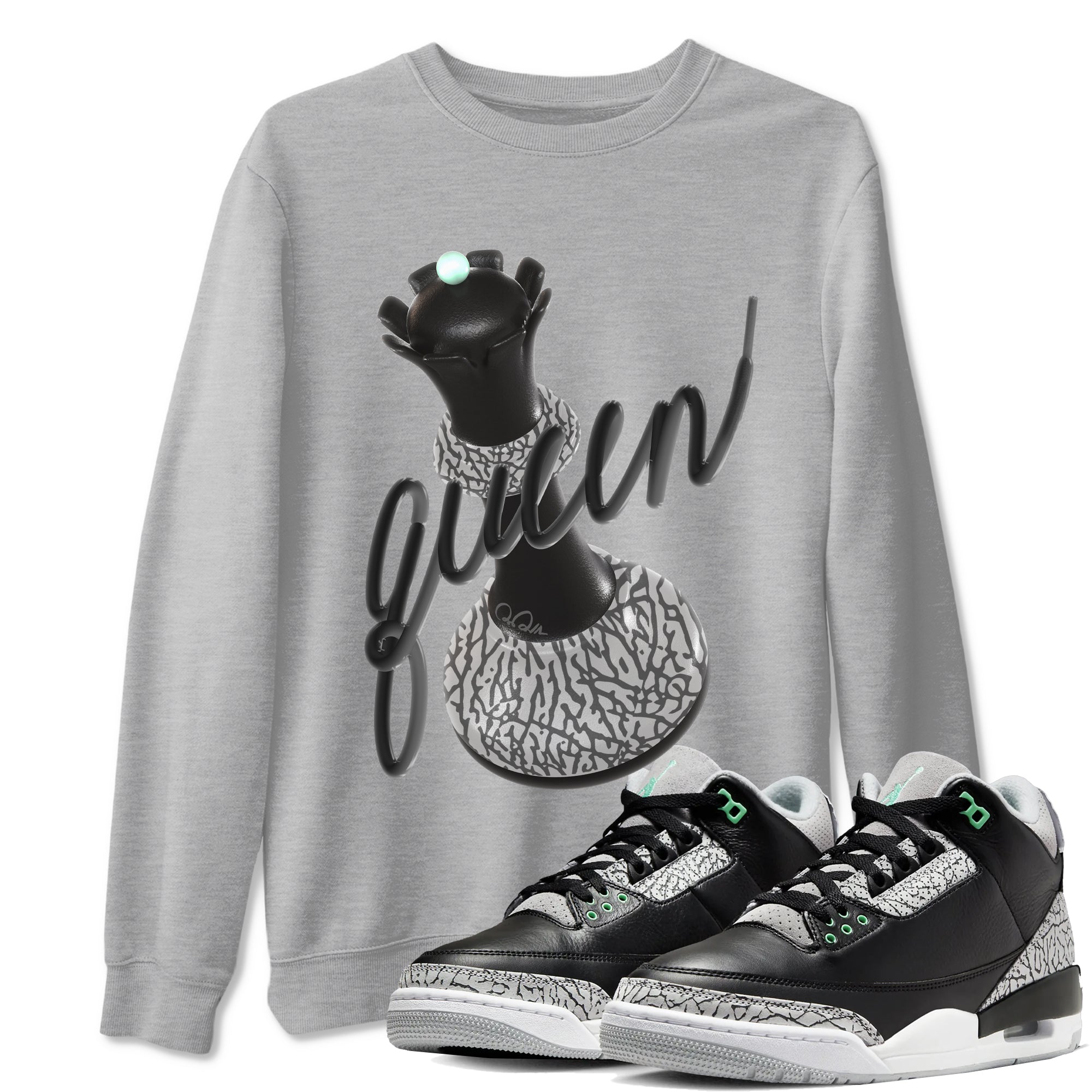 3s Green Glow shirt to match jordans 3D Queen sneaker tees Air Jordan 3 Green Glow Drip Gear Zone unisex cotton Heather Grey 1 crew neck shirt