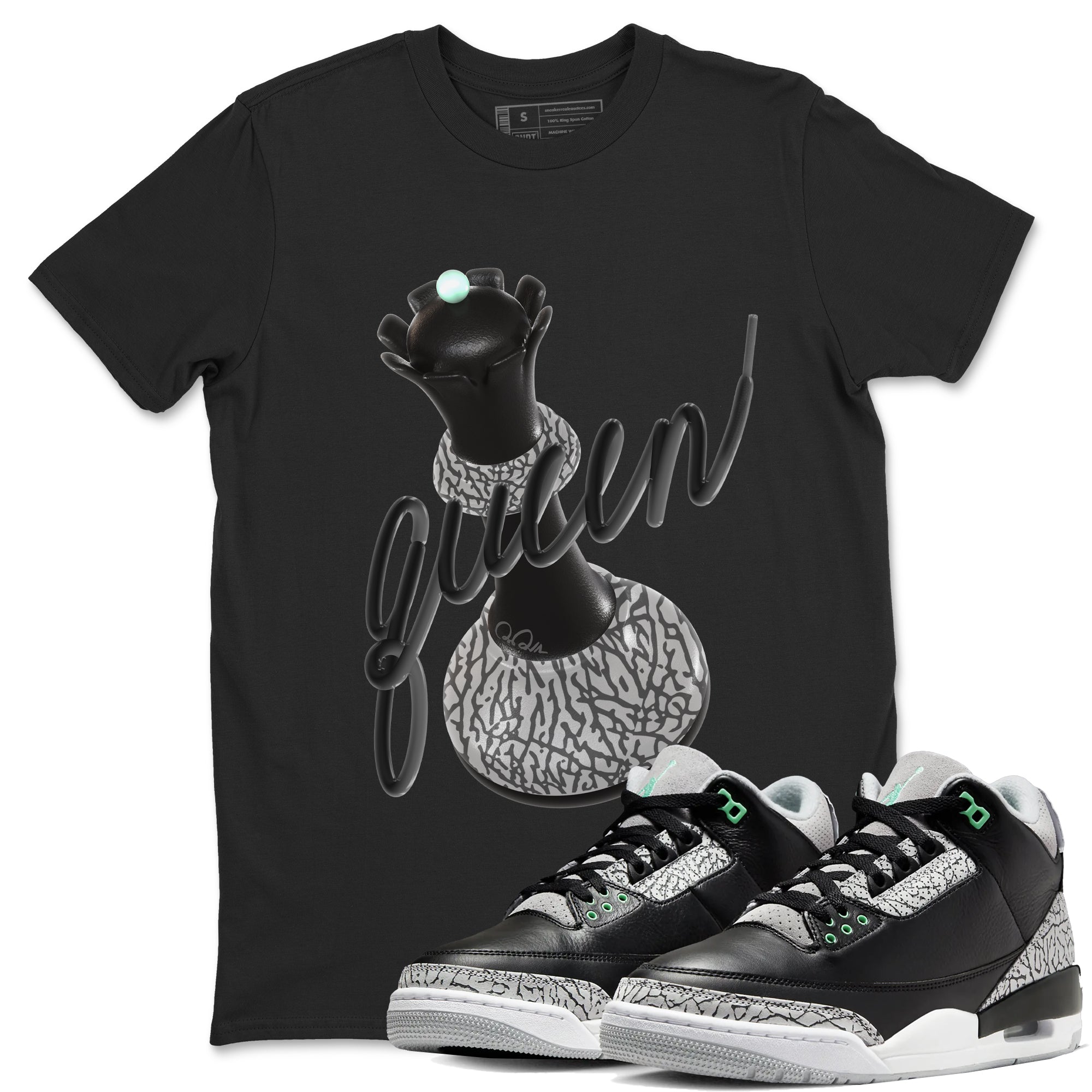 3s Green Glow shirt to match jordans 3D Queen sneaker tees Air Jordan 3 Green Glow Drip Gear Zone unisex cotton Black 1 crew neck shirt