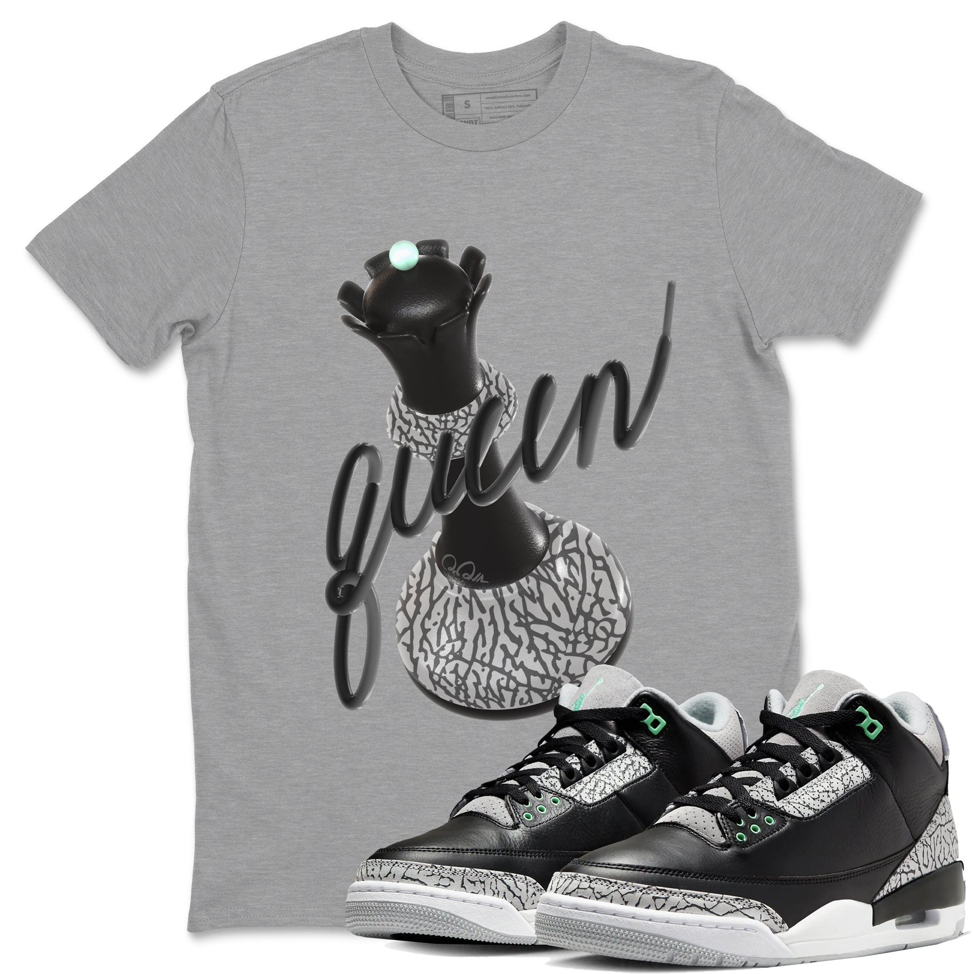 3s Green Glow shirt to match jordans 3D Queen sneaker tees Air Jordan 3 Green Glow Drip Gear Zone unisex cotton Heather Grey 1 crew neck shirt