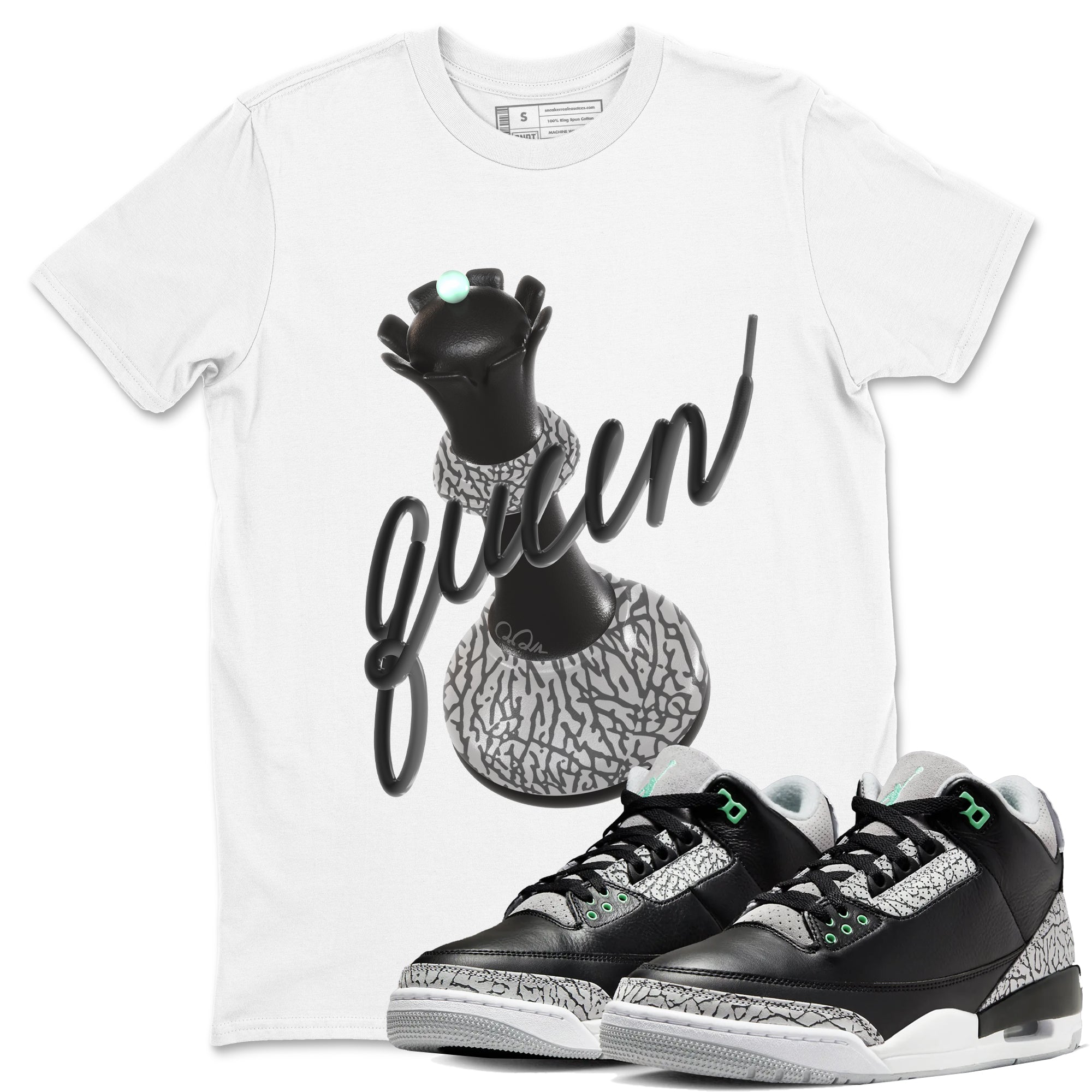 3s Green Glow shirt to match jordans 3D Queen sneaker tees Air Jordan 3 Green Glow Drip Gear Zone unisex cotton White 1 crew neck shirt