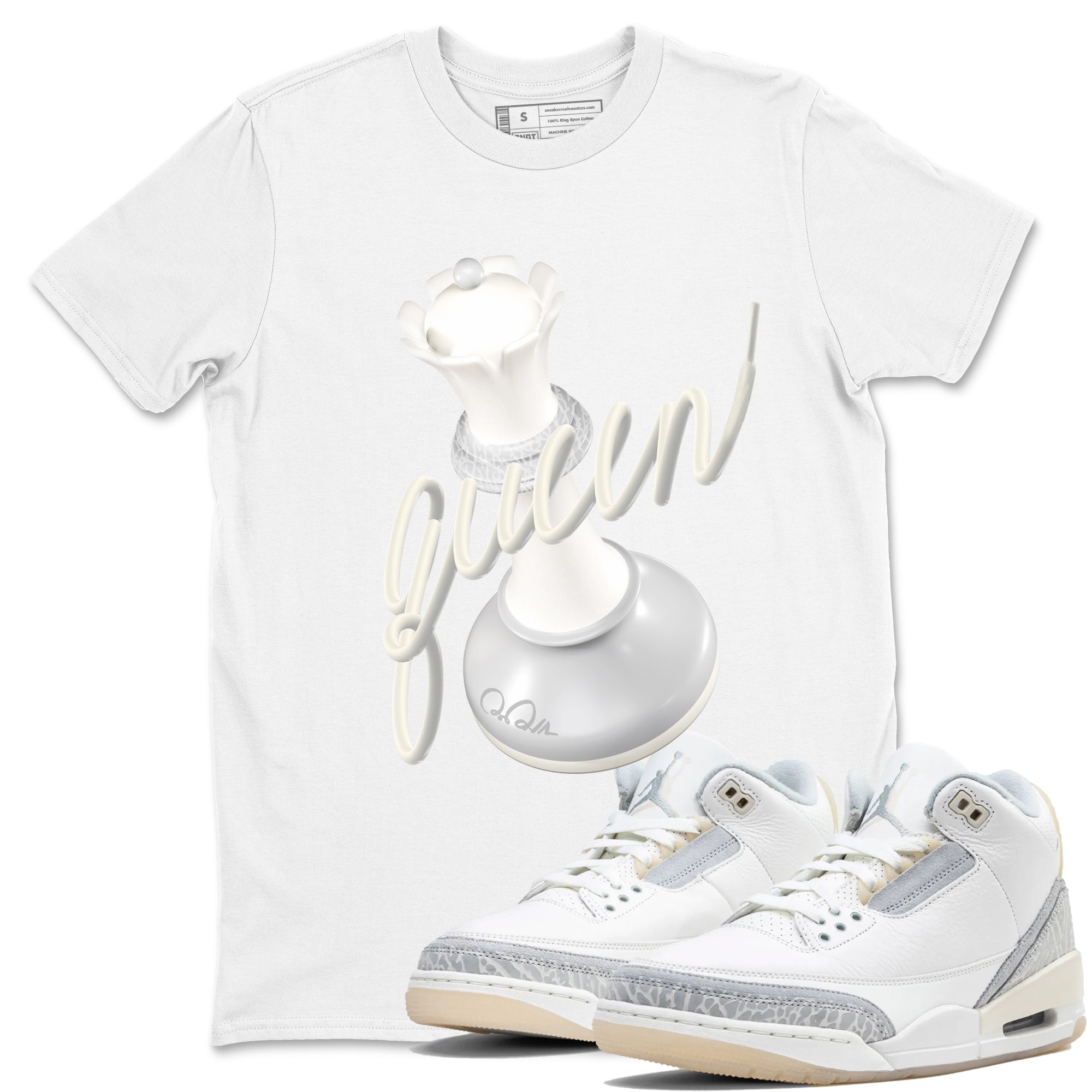 3s Ivory shirt to match jordans 3D Queen sneaker tees Air Jordan 3 Ivory Drip Gear Zone unisex cotton White 1 crew neck shirt