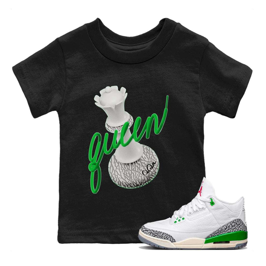 Air Jordan 3 Lucky Green Sneaker Match Tees 3D Queen Streetwear Sneaker Shirt AJ3 Lucky Green Sneaker Release Tees Kids Shirts Black 1