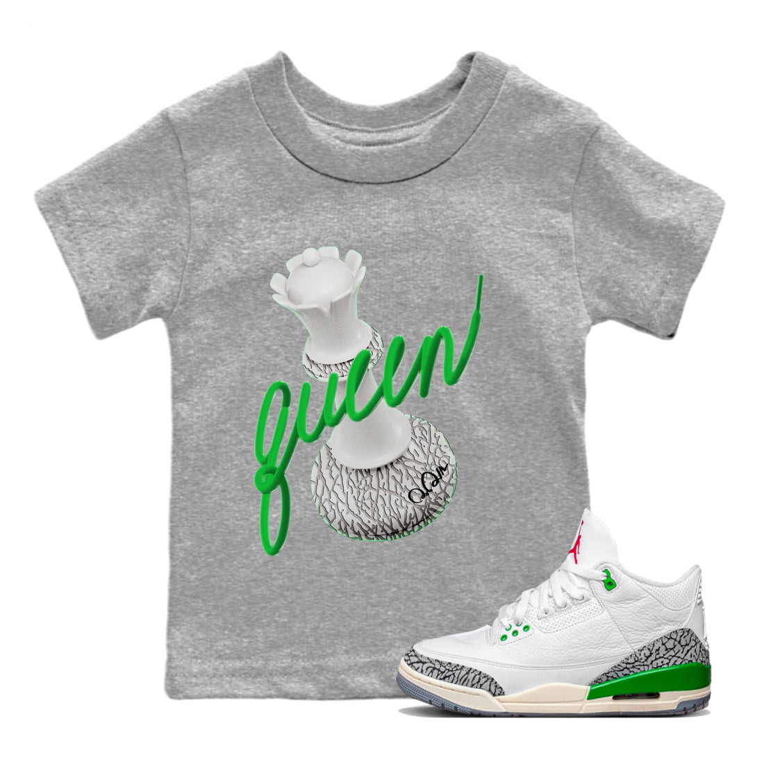 Air Jordan 3 Lucky Green Sneaker Match Tees 3D Queen Streetwear Sneaker Shirt AJ3 Lucky Green Sneaker Release Tees Kids Shirts Heather Grey 1