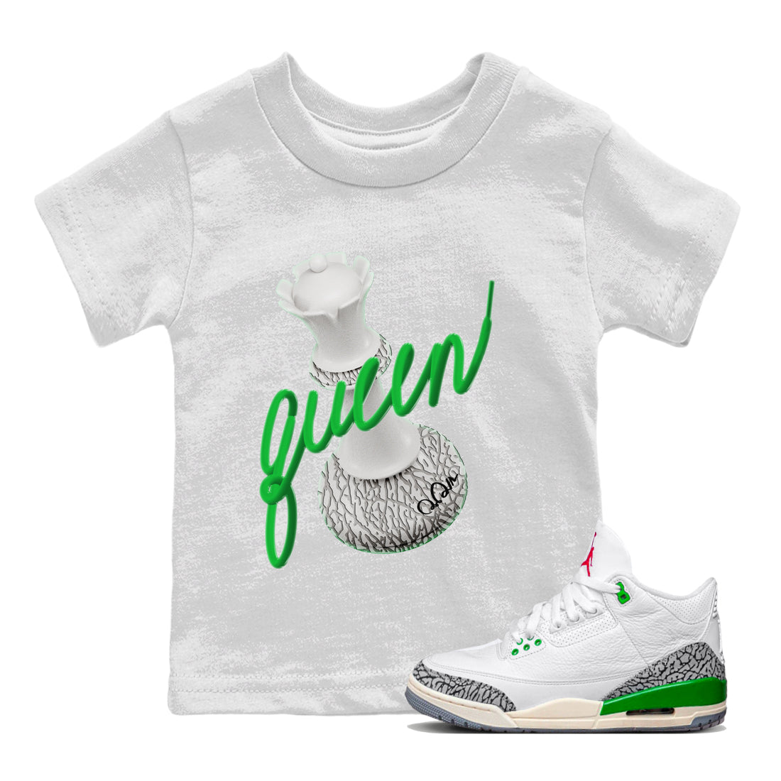 Air Jordan 3 Lucky Green Sneaker Match Tees 3D Queen Streetwear Sneaker Shirt AJ3 Lucky Green Sneaker Release Tees Kids Shirts White 1