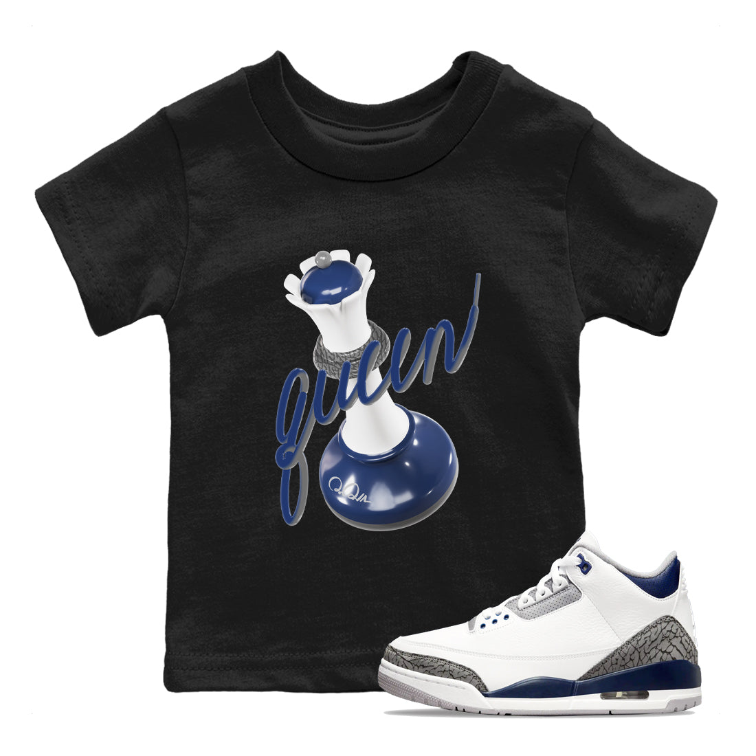 3s Midnight Navy shirt to match jordans 3D Queen sneaker match t-shirt AJ3 Midnight Navy Drip Gear Zone baby toddler Black 1 Crew Neck T-Shirt