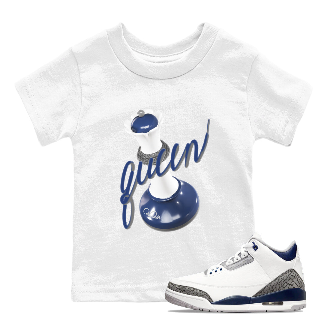 3s Midnight Navy shirt to match jordans 3D Queen sneaker match t-shirt AJ3 Midnight Navy Drip Gear Zone baby toddler White 1 Crew Neck T-Shirt