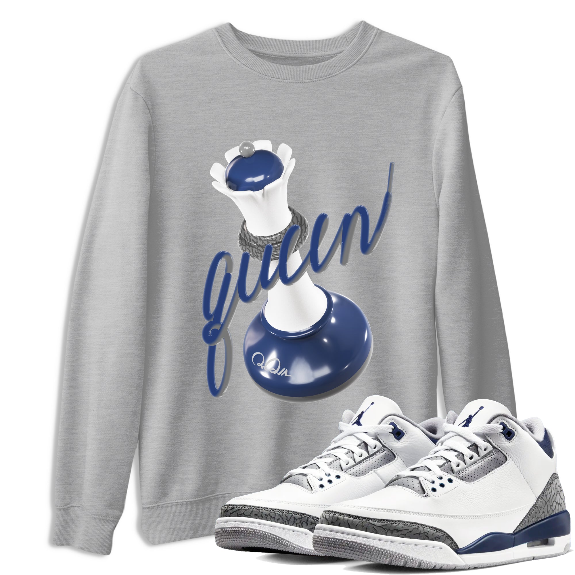 3s Midnight Navy shirt to match jordans 3D Queen sneaker match t-shirt AJ3 Midnight Navy Drip Gear Zone unisex cotton Heather Grey 1 Crew Neck T-Shirt