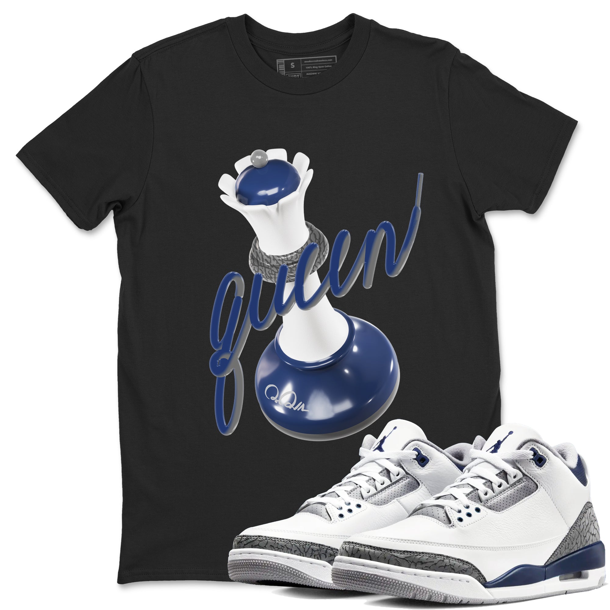 3s Midnight Navy shirt to match jordans 3D Queen sneaker match t-shirt AJ3 Midnight Navy Drip Gear Zone unisex cotton Black 1 Crew Neck T-Shirt