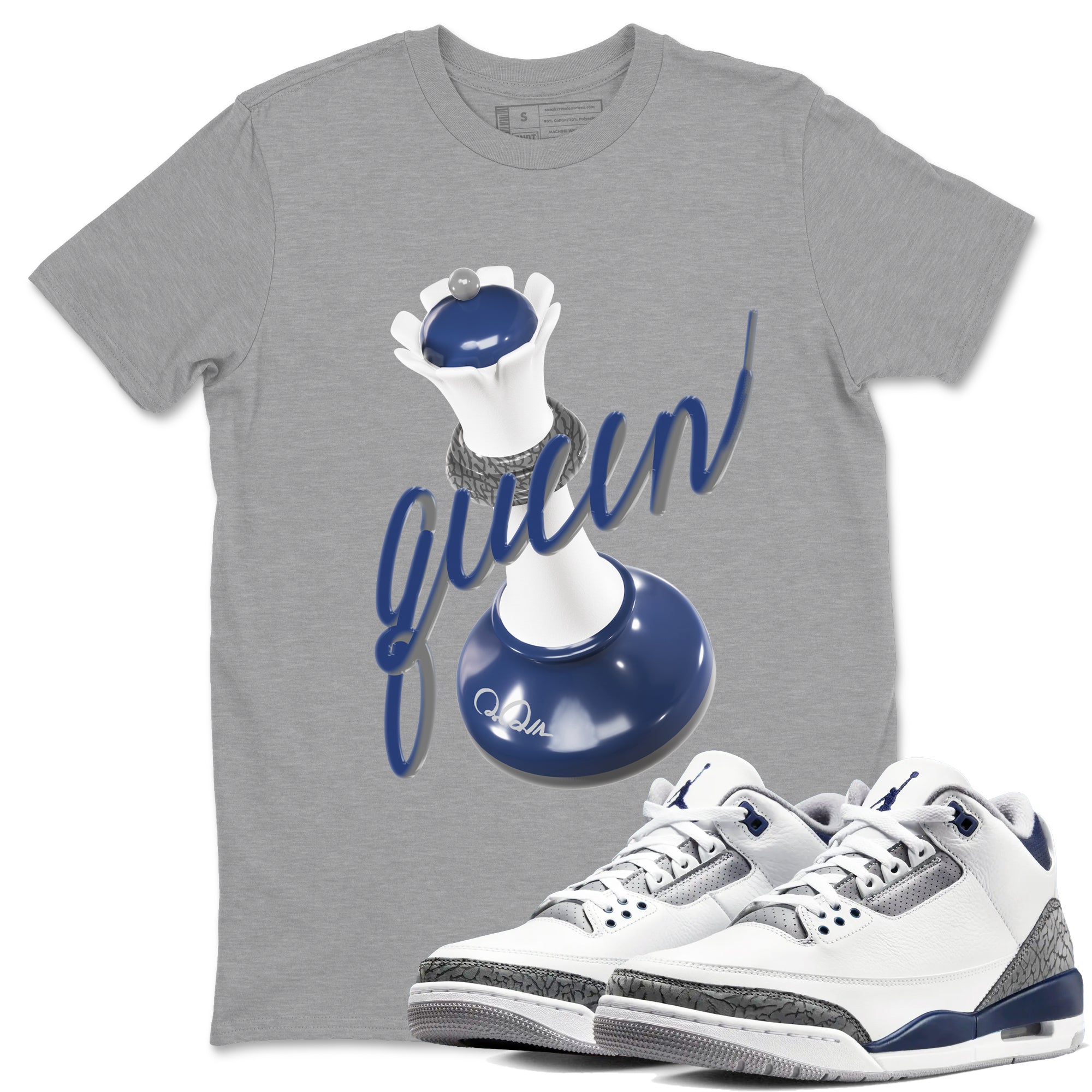 3s Midnight Navy shirt to match jordans 3D Queen sneaker match t-shirt AJ3 Midnight Navy Drip Gear Zone unisex cotton Heather Grey 1 Crew Neck T-Shirt