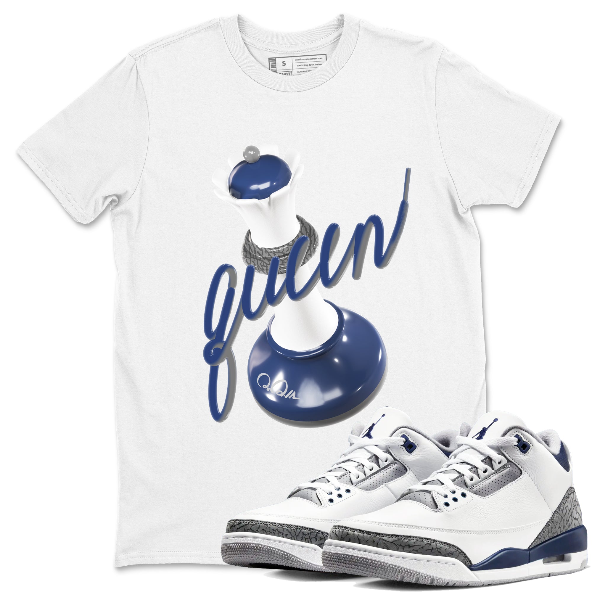 3s Midnight Navy shirt to match jordans 3D Queen sneaker match t-shirt AJ3 Midnight Navy Drip Gear Zone unisex cotton White 1 Crew Neck T-Shirt