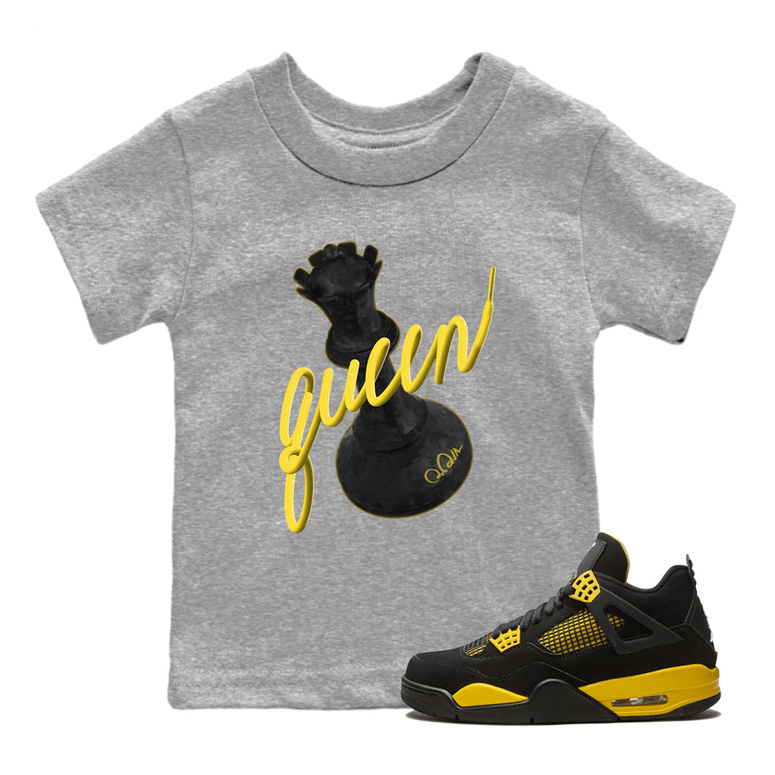 Air Jordan 4 Thunder Sneaker Match Tees 3D Queen Streetwear Sneaker Shirt AJ4 Thunder Jumpman Sneaker Release Tees Kids Shirts Heather Grey 1