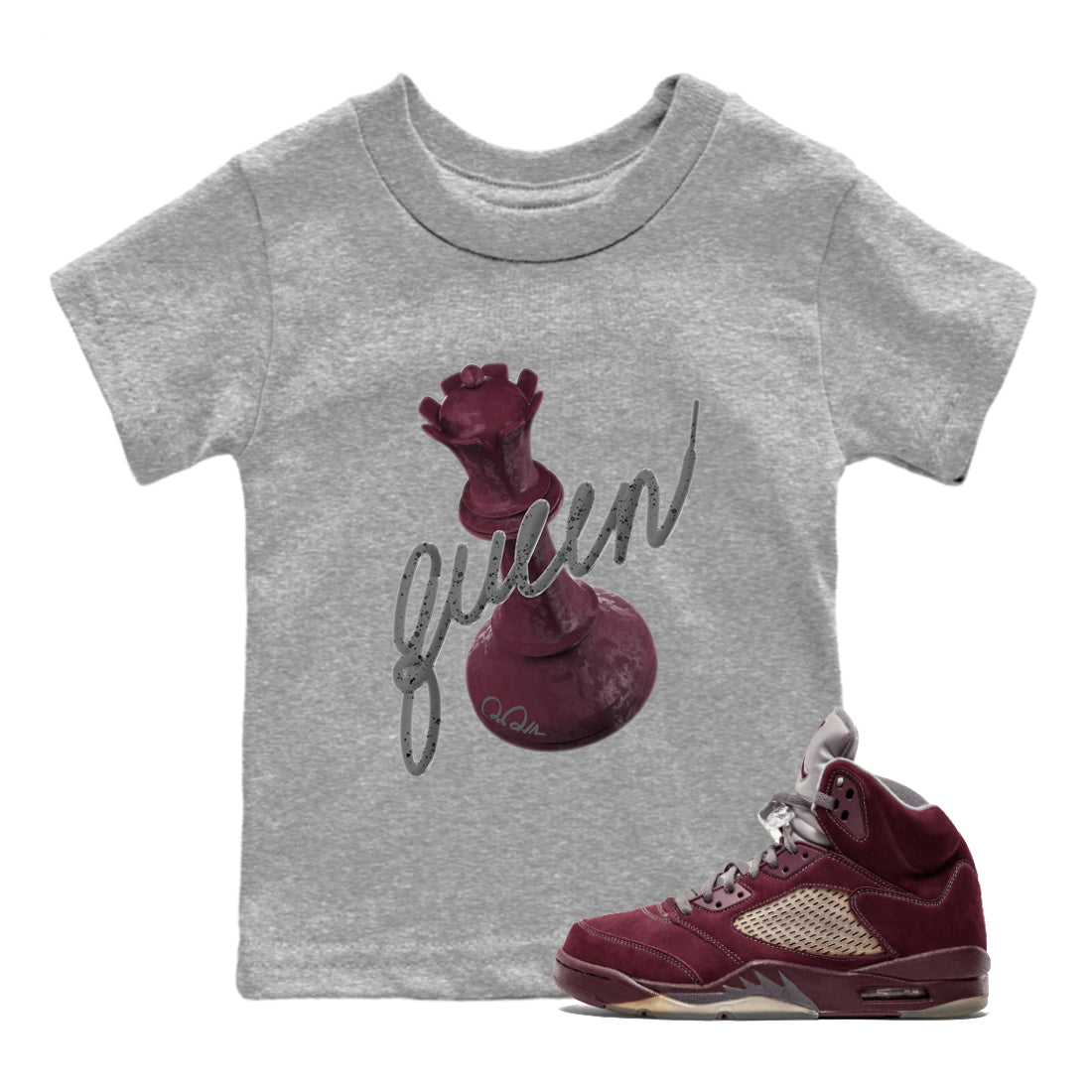 Air Jordan 5 Burgundy Sneaker Match Tees 3D Queen Streetwear Sneaker Shirt Air Jordan 5 Burgundy Sneaker Release Tees Kids Shirts Heather Grey 1