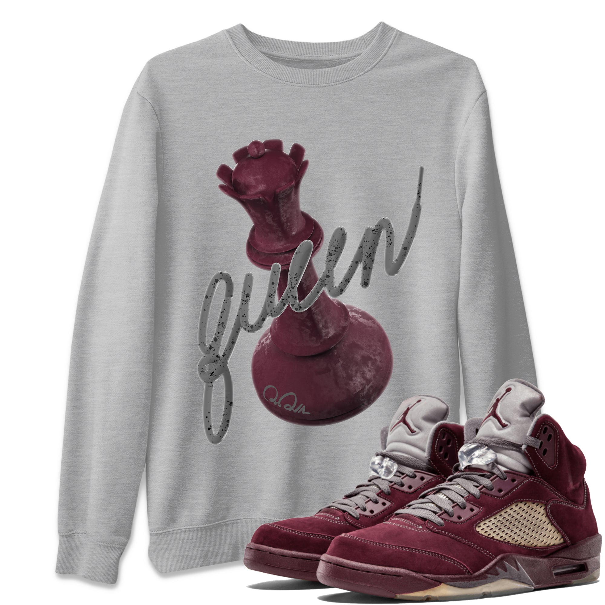 Air Jordan 5 Burgundy Sneaker Match Tees 3D Queen Streetwear Sneaker Shirt Air Jordan 5 Burgundy Sneaker Release Tees Unisex Shirts Heather Grey 1