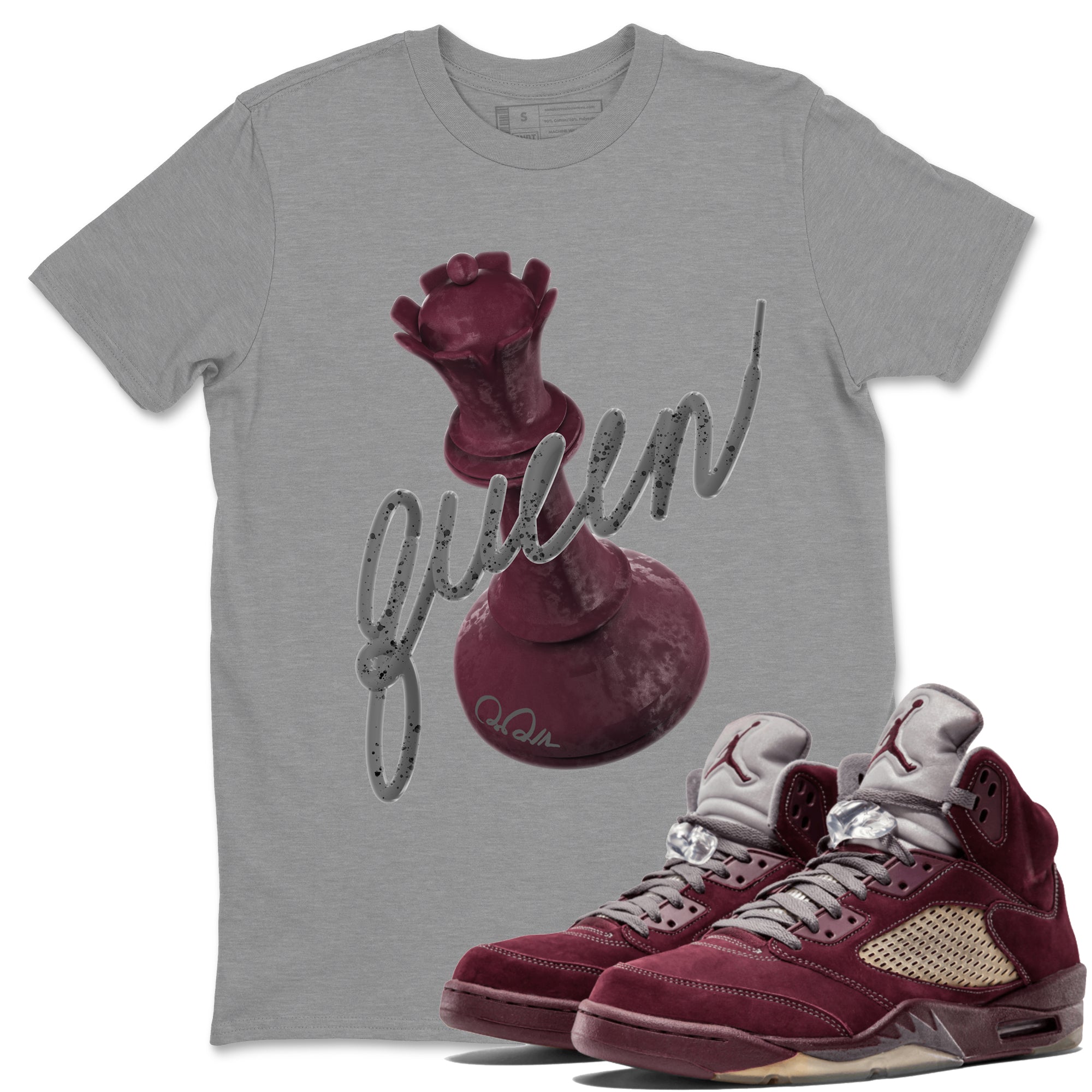 Air Jordan 5 Burgundy Sneaker Match Tees 3D Queen Streetwear Sneaker Shirt Air Jordan 5 Burgundy Sneaker Release Tees Unisex Shirts Heather Grey 1
