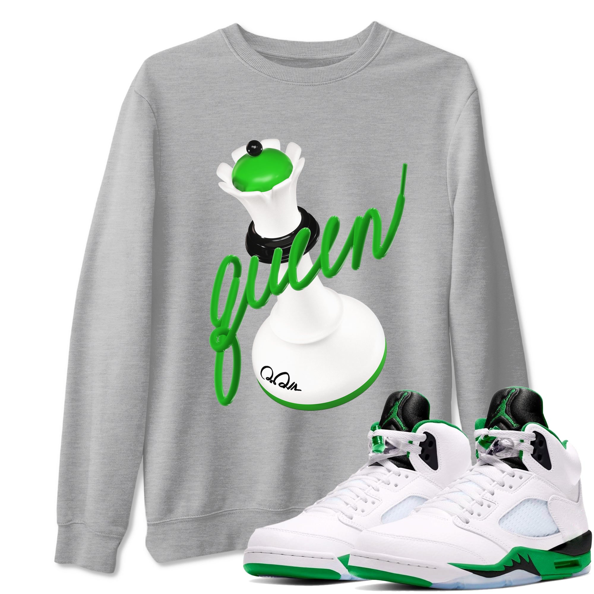 Air Jordan 5 Lucky Green shirt to match jordans 3D Queen sneaker tees AJ5 Lucky Green Drip Gear Zone unisex cotton Heather Grey 1 crew neck shirt