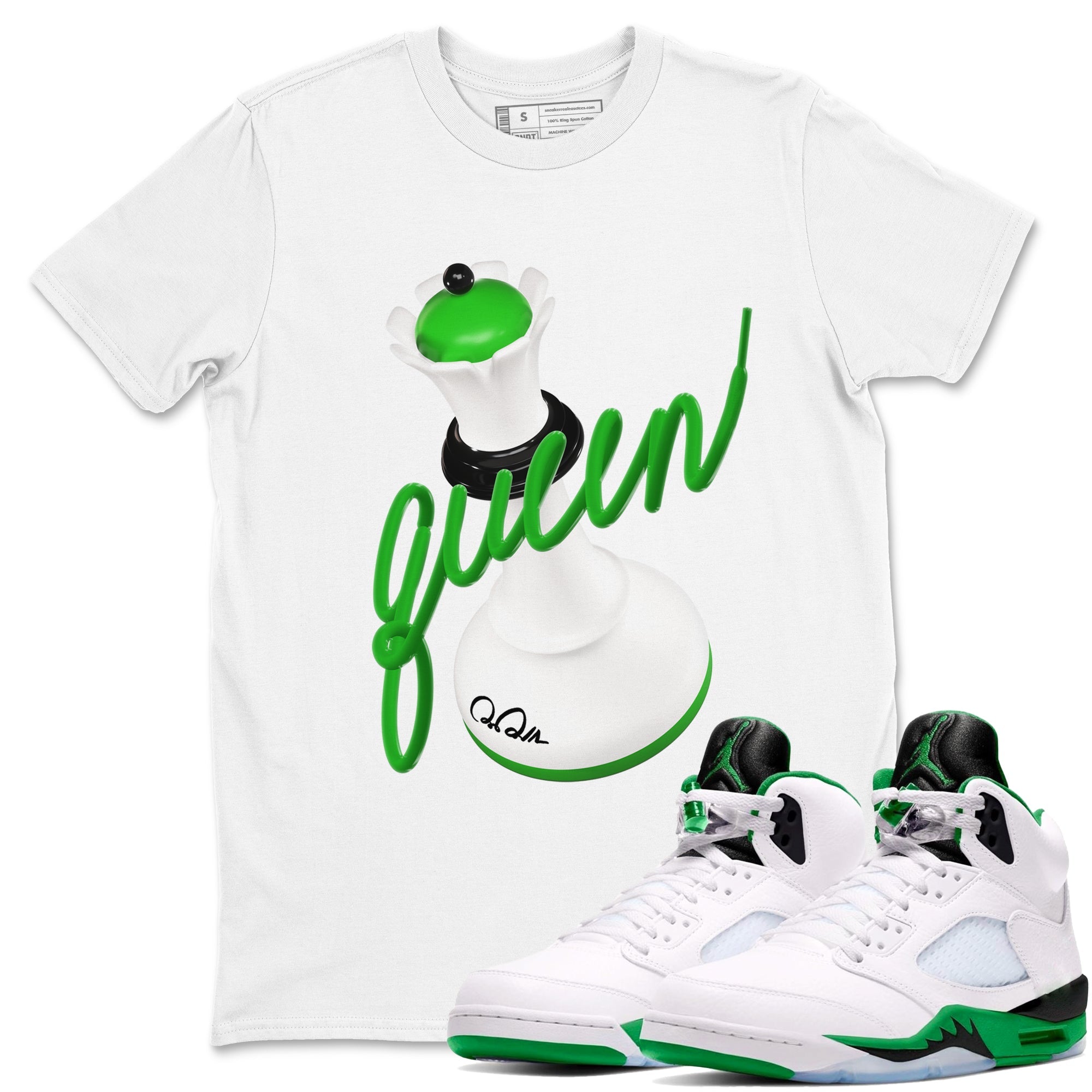 Air Jordan 5 Lucky Green shirt to match jordans 3D Queen sneaker tees AJ5 Lucky Green Drip Gear Zone unisex cotton White 1 crew neck shirt