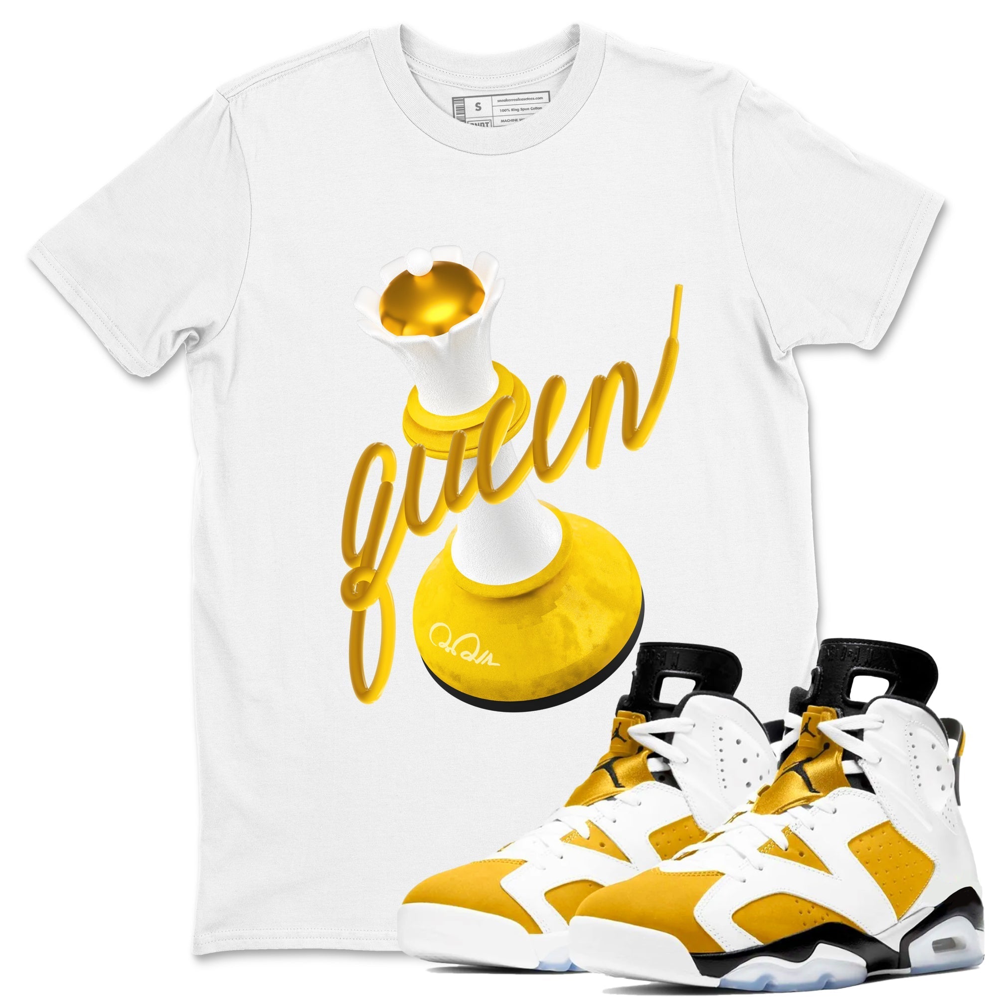 6s Yellow Ochre shirt to match jordans 3D Queen sneaker tees streetwear brand Air Jordan 6 Yellow Ochre Drip Gear Zone Brand Unisex White 1 T-Shirt