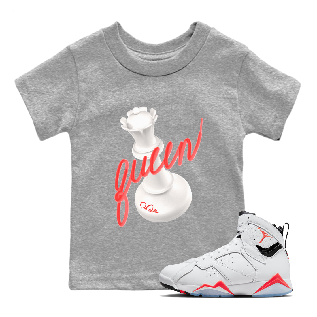Air Jordan 7 Infrared Sneaker Match Tees 3D Queen Streetwear Sneaker Shirt AJ7 Infrared Sneaker Release Tees Kids Shirts Heather Grey 1