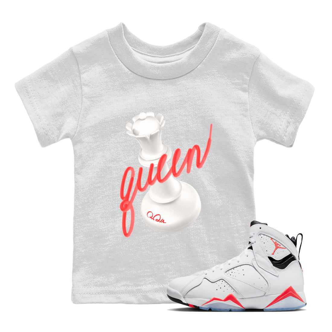 Air Jordan 7 Infrared Sneaker Match Tees 3D Queen Streetwear Sneaker Shirt AJ7 Infrared Sneaker Release Tees Kids Shirts White 1