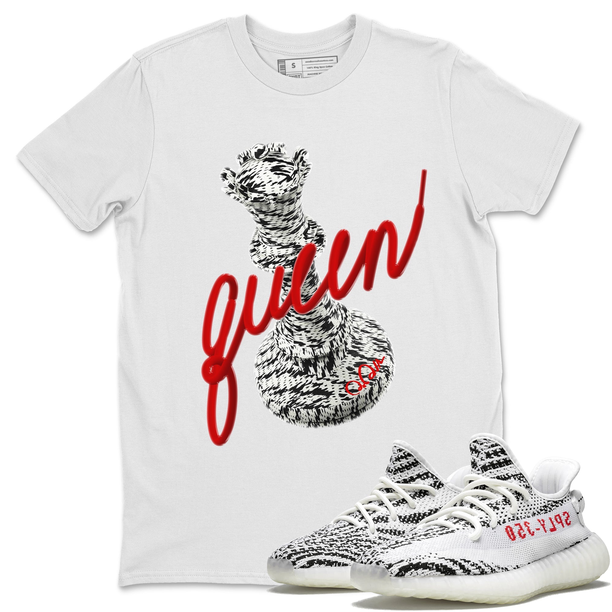 Yeezy 350 Zebra Sneaker Match Tees 3D Queen Streetwear Sneaker Shirt Yeezy Boost 350 V2 Zebra Sneaker Release Tees Unisex Shirts White 1