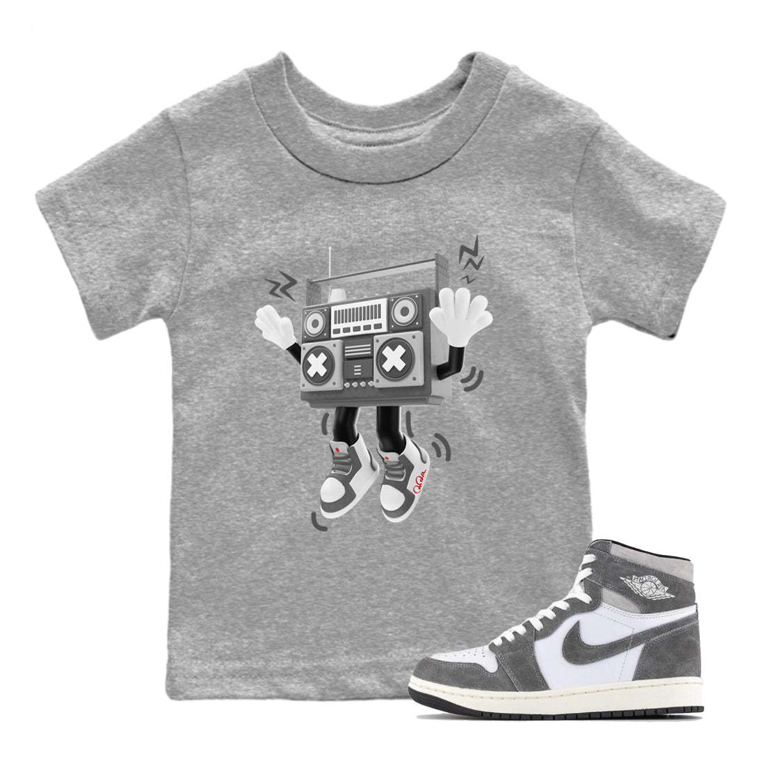 Air Jordan 1 Washed Heritage Sneaker Match Tees 90s Radio Boy Streetwear Sneaker Shirt AJ1 Washed Heritage Sneaker Release Tees Kids Shirts Heather Grey 1