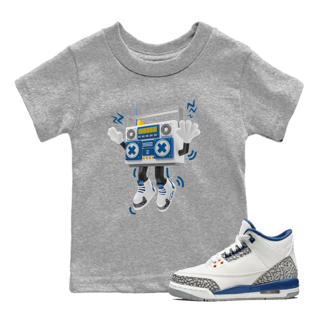 Air Jordan 3 Wizards Sneaker Match Tees 90s Radio Boy Streetwear Sneaker Shirt AJ3 NBA Wizards  Sneaker Release Tees Kids Shirts Heather Grey 1