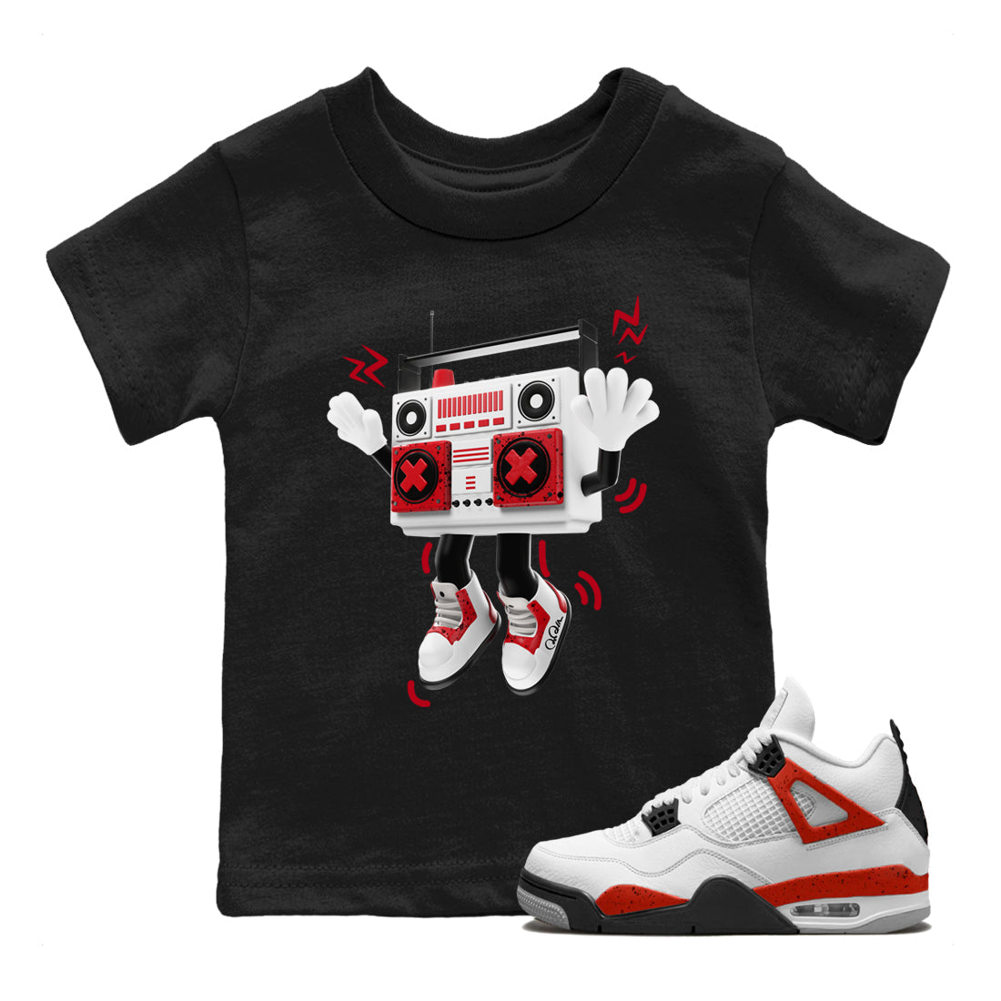 Air Jordan 4 Red Cement Sneaker Match Tees 90s Radio Boy Streetwear Sneaker Shirt AJ4 Retro OG Red Cement Sneaker Release Tees Kids Shirts Black 1