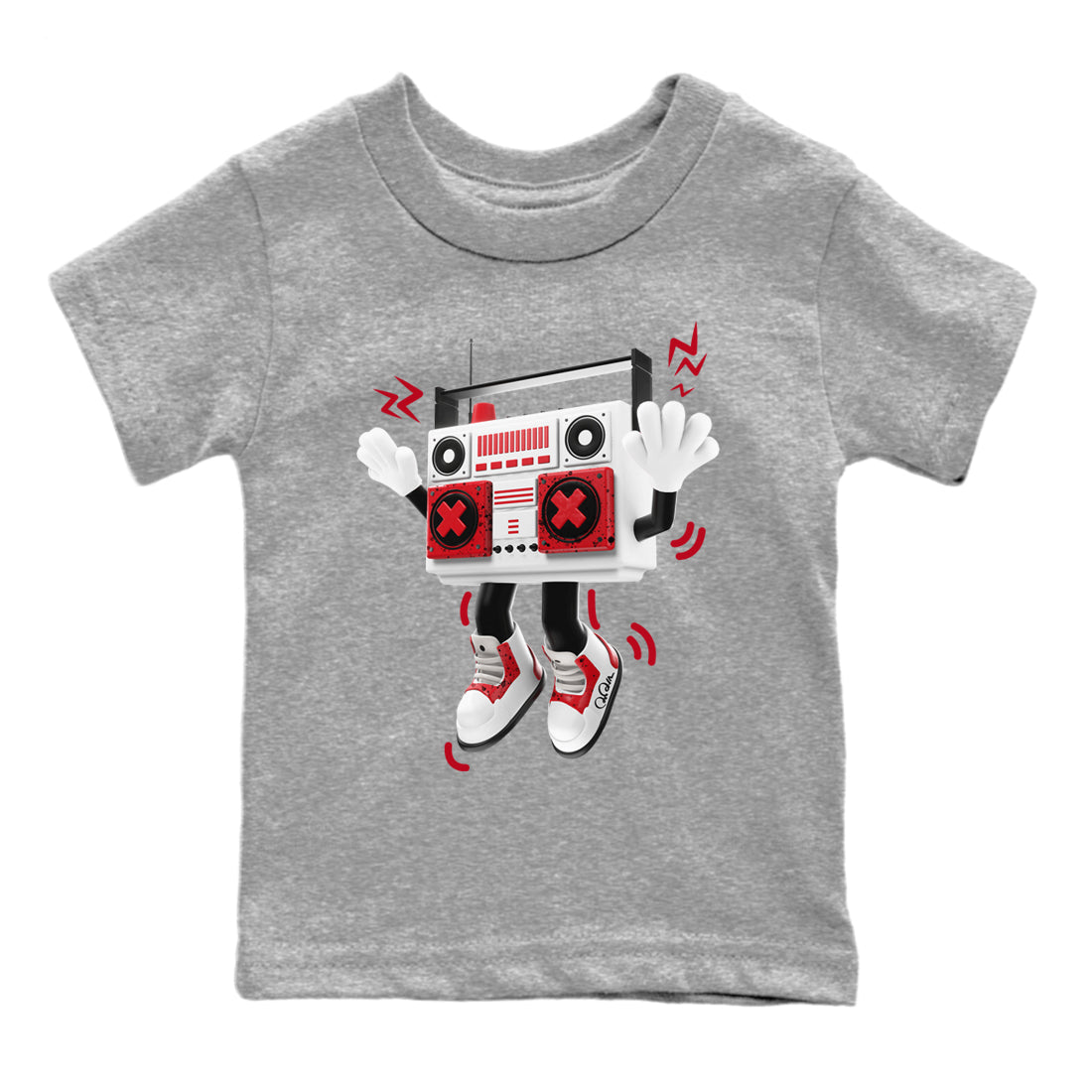 Air Jordan 4 Red Cement Sneaker Match Tees 90s Radio Boy Streetwear Sneaker Shirt AJ4 Retro OG Red Cement Sneaker Release Tees Kids Shirts Heather Grey 2
