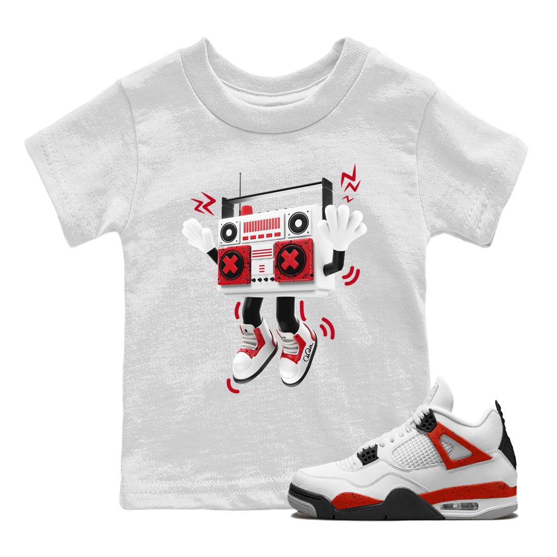 Air Jordan 4 Red Cement Sneaker Match Tees 90s Radio Boy Streetwear Sneaker Shirt AJ4 Retro OG Red Cement Sneaker Release Tees Kids Shirts White 1