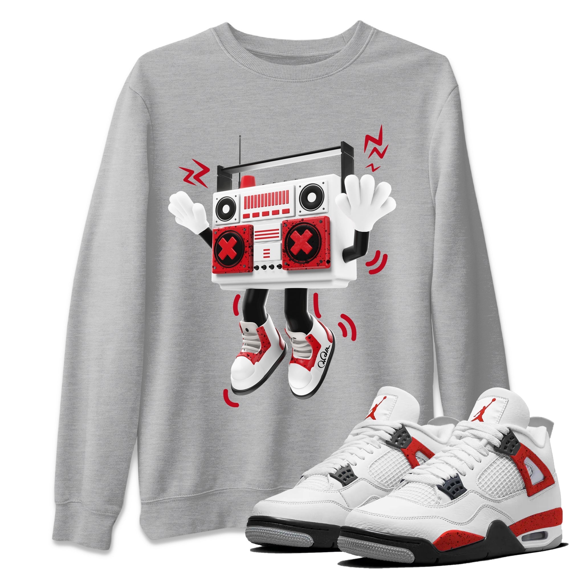 Air Jordan 4 Red Cement Sneaker Match Tees 90s Radio Boy Streetwear Sneaker Shirt AJ4 Retro OG Red Cement Sneaker Release Tees Unisex Shirts Heather Grey 1