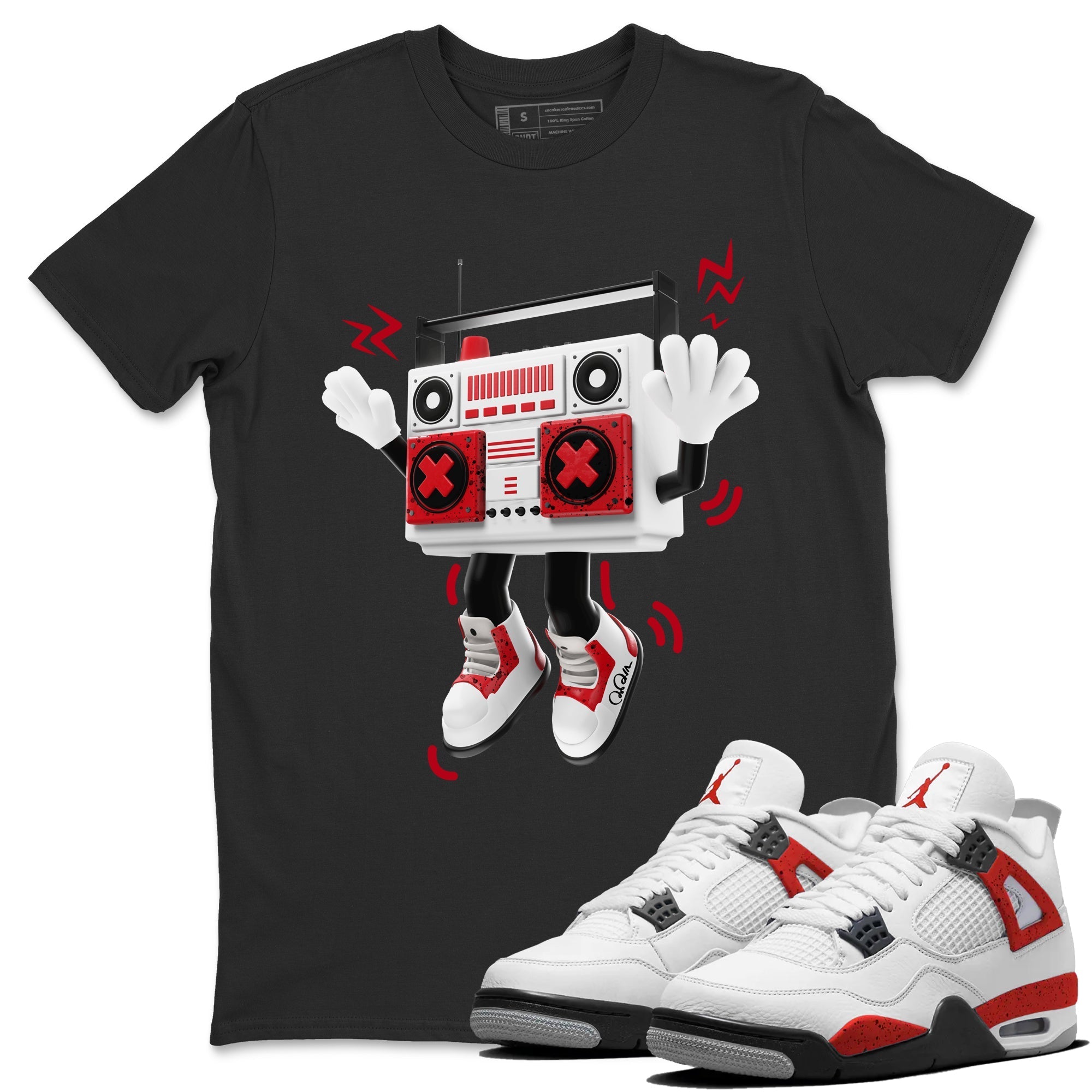 Air Jordan 4 Red Cement Sneaker Match Tees 90s Radio Boy Streetwear Sneaker Shirt AJ4 Retro OG Red Cement Sneaker Release Tees Unisex Shirts Black 1
