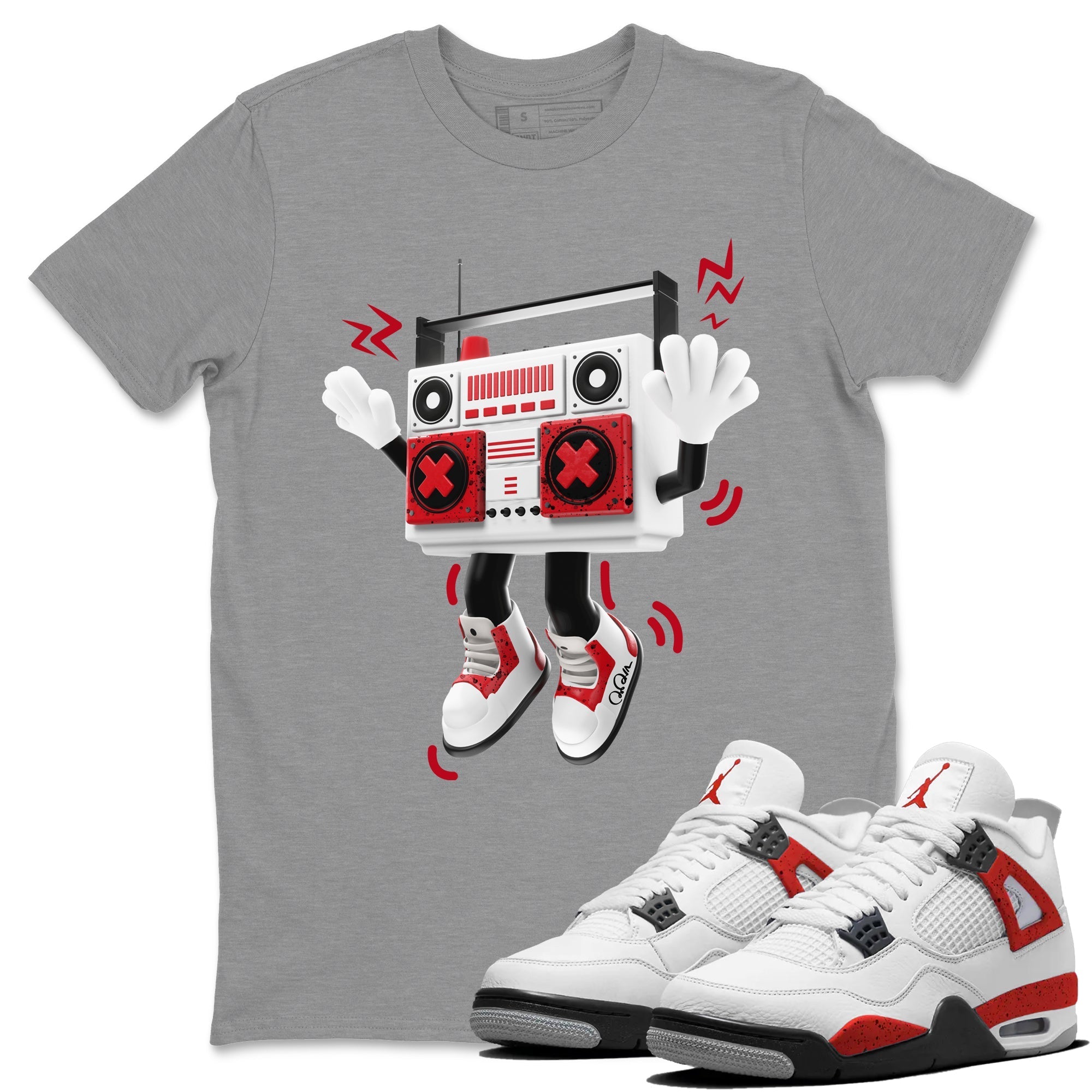Air Jordan 4 Red Cement Sneaker Match Tees 90s Radio Boy Streetwear Sneaker Shirt AJ4 Retro OG Red Cement Sneaker Release Tees Unisex Shirts Heather Grey 1