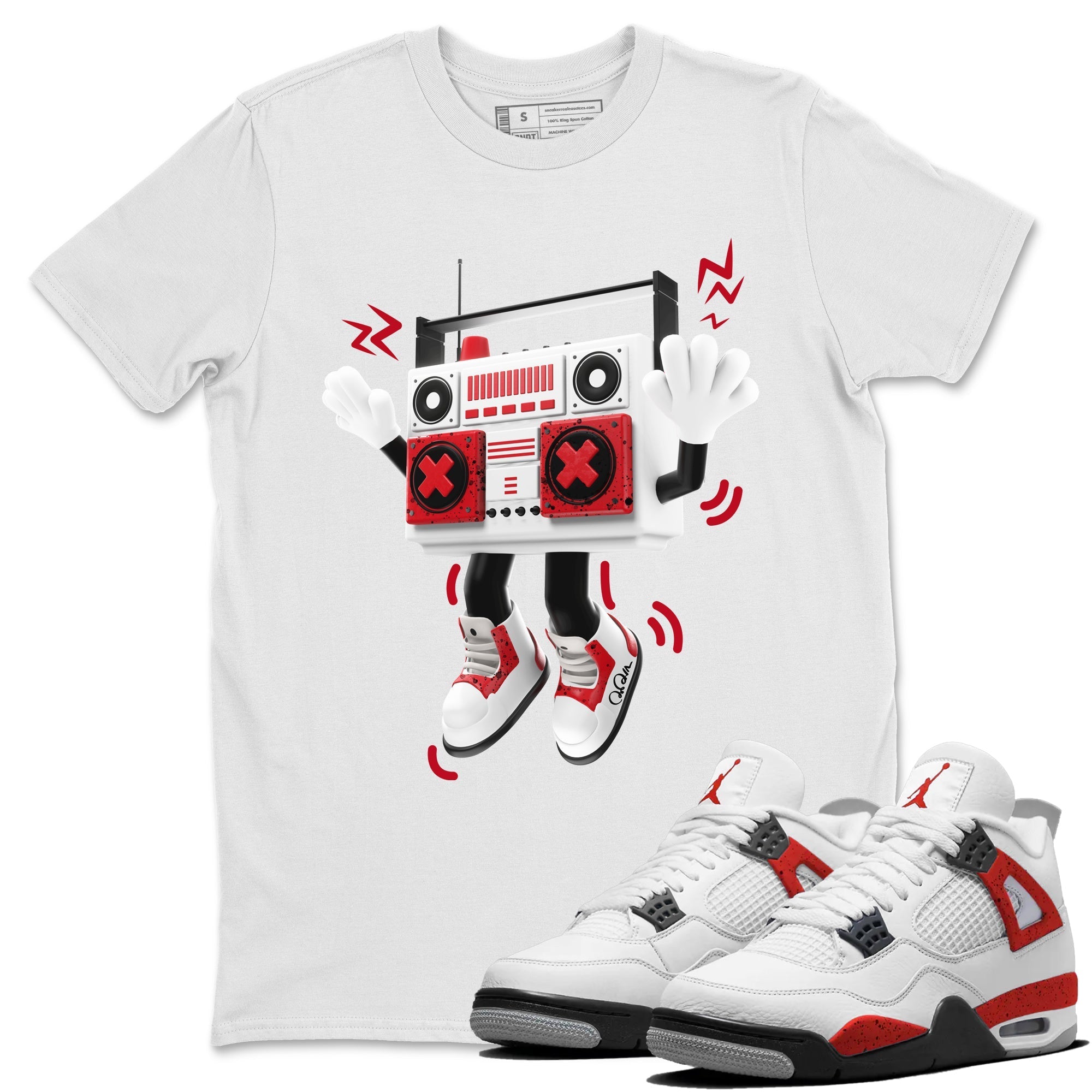 Air Jordan 4 Red Cement Sneaker Match Tees 90s Radio Boy Streetwear Sneaker Shirt AJ4 Retro OG Red Cement Sneaker Release Tees Unisex Shirts White 1