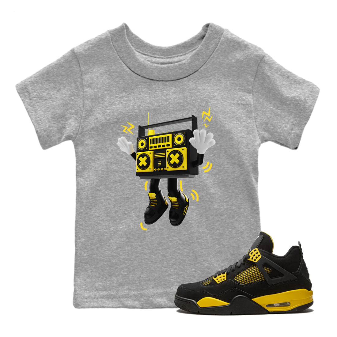 Air Jordan 4 Thunder Sneaker Match Tees 90s Radio Boy Streetwear Sneaker Shirt AJ4 Thunder Jumpman Sneaker Release Tees Kids Shirts Heather Grey 1