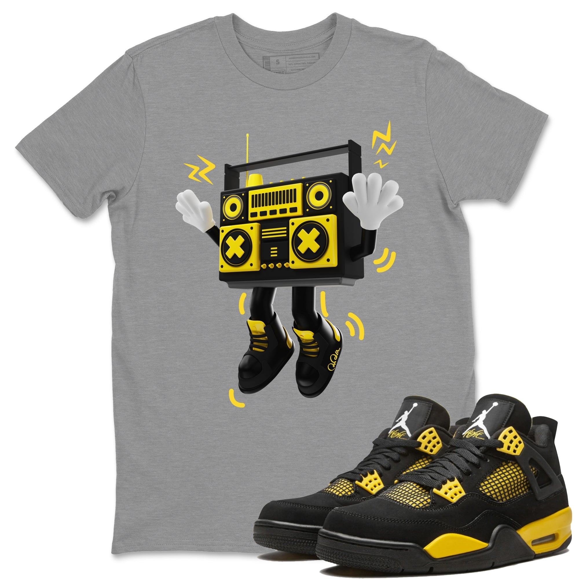 Air Jordan 4 Thunder Sneaker Match Tees 90s Radio Boy Streetwear Sneaker Shirt AJ4 Thunder Jumpman Sneaker Release Tees Unisex Shirts Heather Grey 1