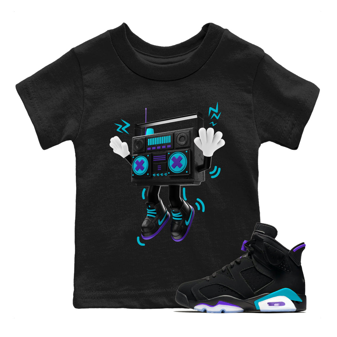 Air Jordan 6 Aqua Sneaker Match Tees 90s Radio Boy Sneaker Tees AJ6 Aqua Sneaker Release Tees Kids Shirts Black 1