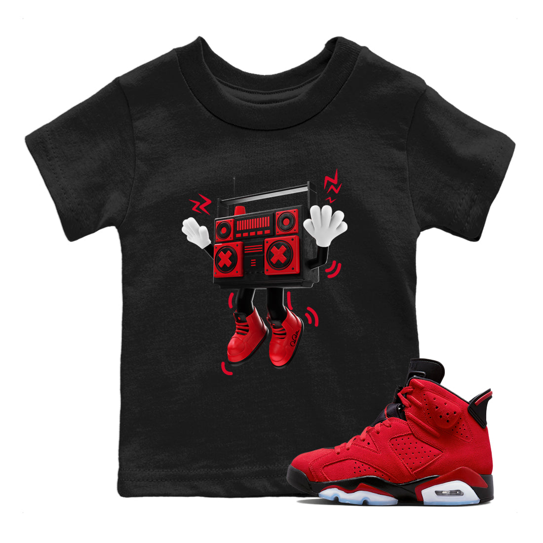 Air Jordan 6 Toro Bravo Sneaker Match Tees 90s Radio Boy Streetwear Sneaker Shirt 3D Graphic Design Shirts AJ6 Toro Bravo Sneaker Release Tees Kids Shirts Black 1