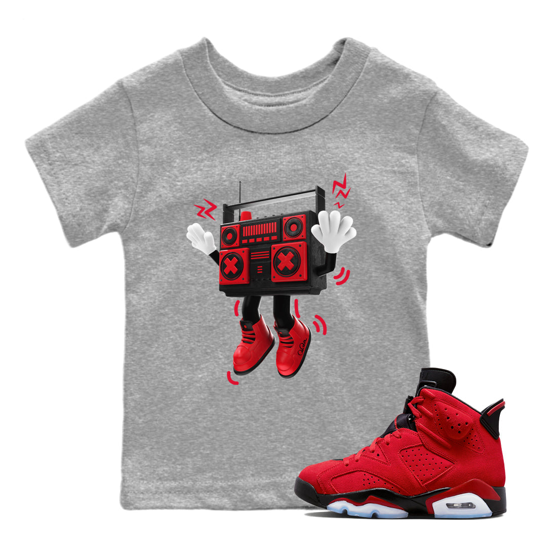 Air Jordan 6 Toro Bravo Sneaker Match Tees 90s Radio Boy Streetwear Sneaker Shirt 3D Graphic Design Shirts AJ6 Toro Bravo Sneaker Release Tees Kids Shirts Heather Grey 1