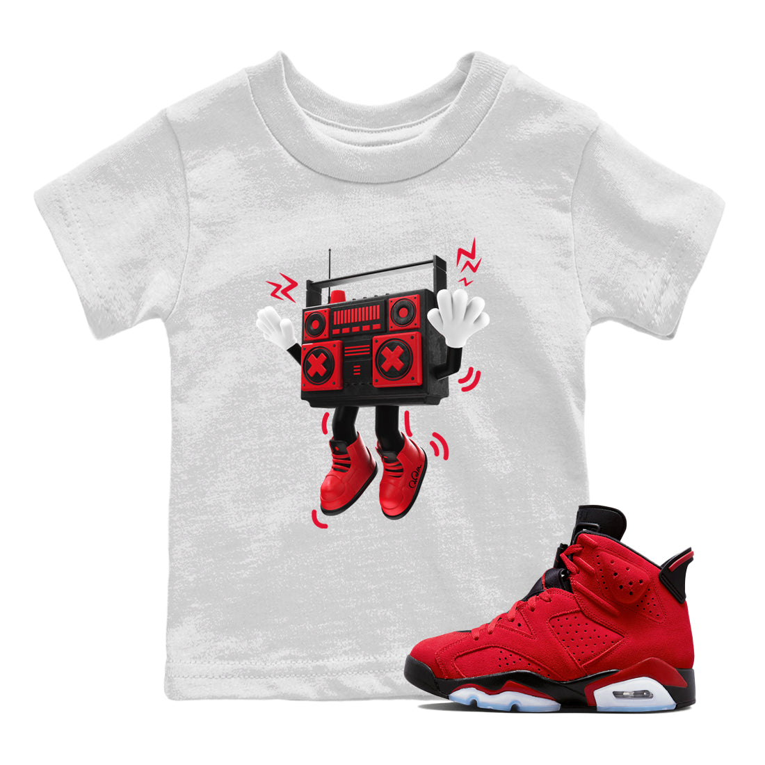 Air Jordan 6 Toro Bravo Sneaker Match Tees 90s Radio Boy Streetwear Sneaker Shirt 3D Graphic Design Shirts AJ6 Toro Bravo Sneaker Release Tees Kids Shirts White 1