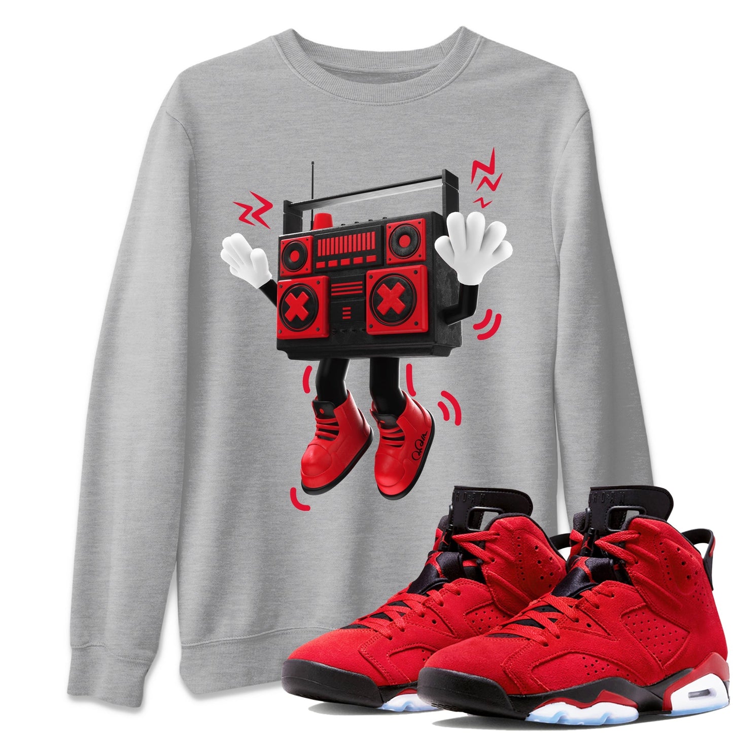 Air Jordan 6 Toro Bravo Sneaker Match Tees 90s Radio Boy Streetwear Sneaker Shirt 3D Graphic Design Shirts AJ6 Toro Bravo Sneaker Release Tees Unisex Shirts Heather Grey 1