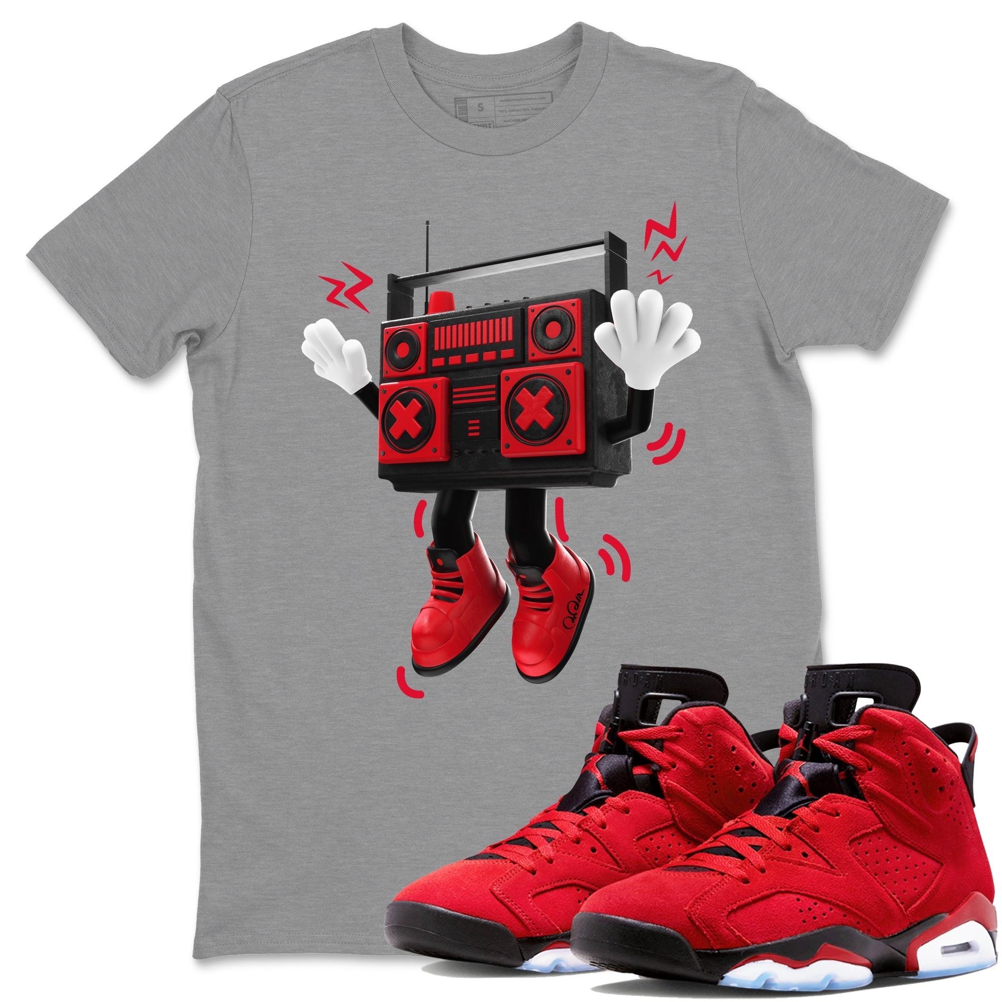 Air Jordan 6 Toro Bravo Sneaker Match Tees 90s Radio Boy Streetwear Sneaker Shirt 3D Graphic Design Shirts AJ6 Toro Bravo Sneaker Release Tees Unisex Shirts Heather Grey 1