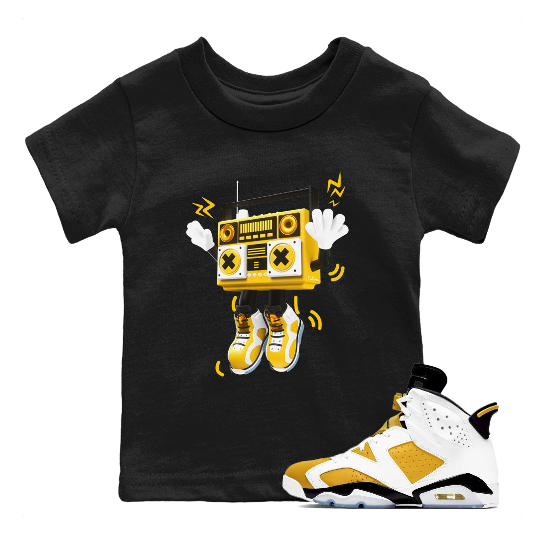 6s Yellow Ochre shirt to match jordans 90s Radio Boy sneaker tees streetwear brand Air Jordan 6 Yellow Ochre Drip Gear Zone Brand Baby Toddler Black 1 T-Shirt