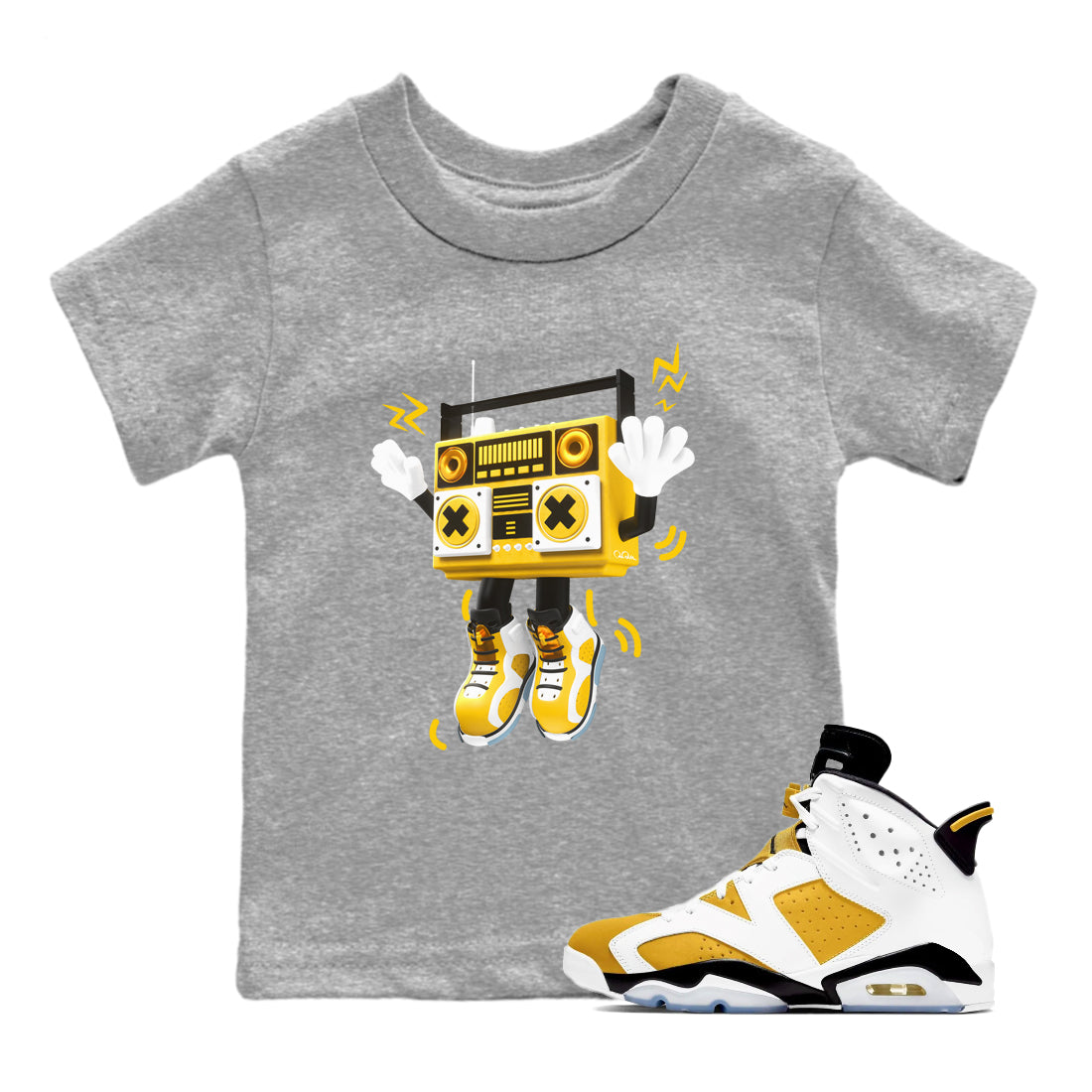 6s Yellow Ochre shirt to match jordans 90s Radio Boy sneaker tees streetwear brand Air Jordan 6 Yellow Ochre Drip Gear Zone Brand Baby Toddler Heather Grey 1 T-Shirt