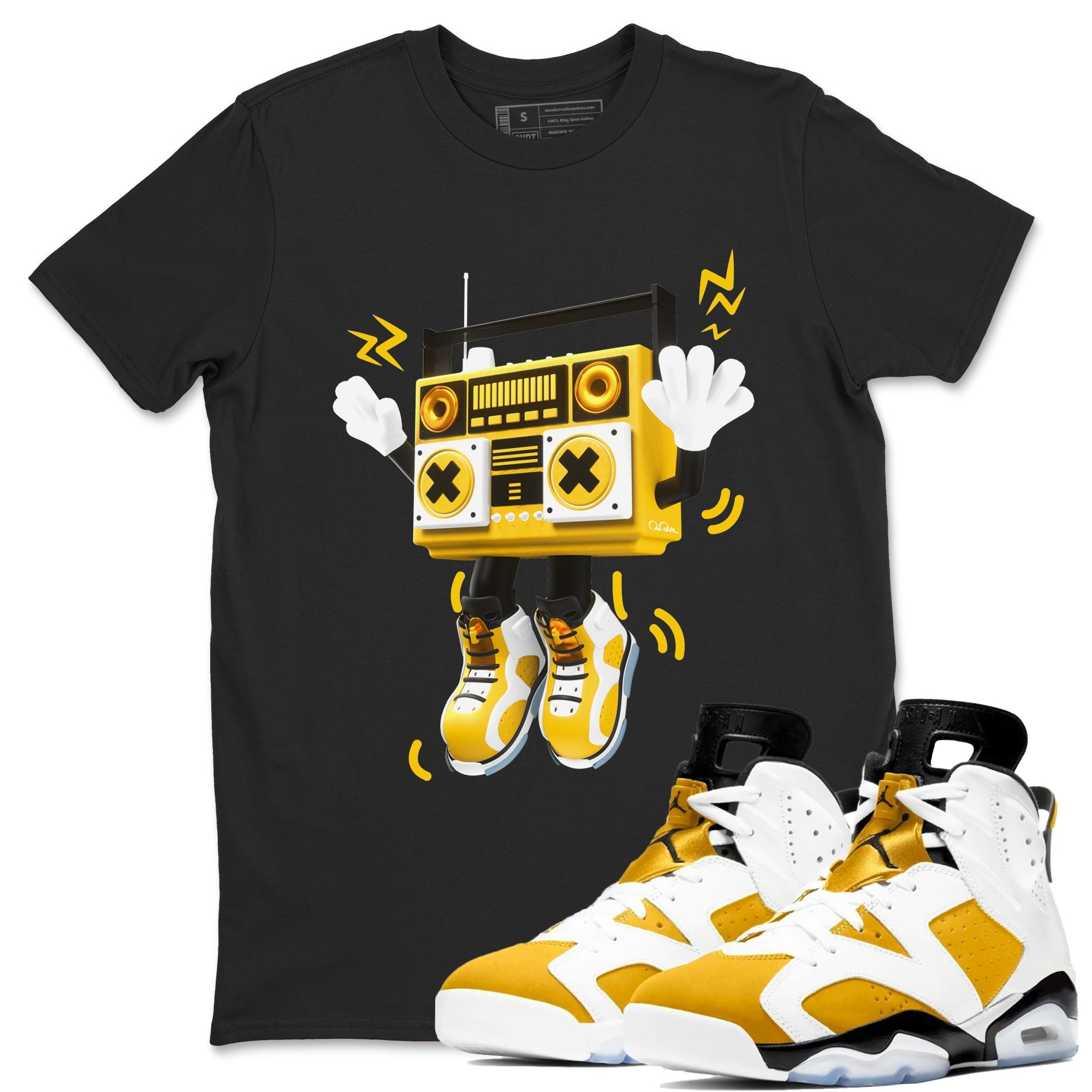6s Yellow Ochre shirt to match jordans 90s Radio Boy sneaker tees streetwear brand Air Jordan 6 Yellow Ochre Drip Gear Zone Brand Unisex Black 1 T-Shirt