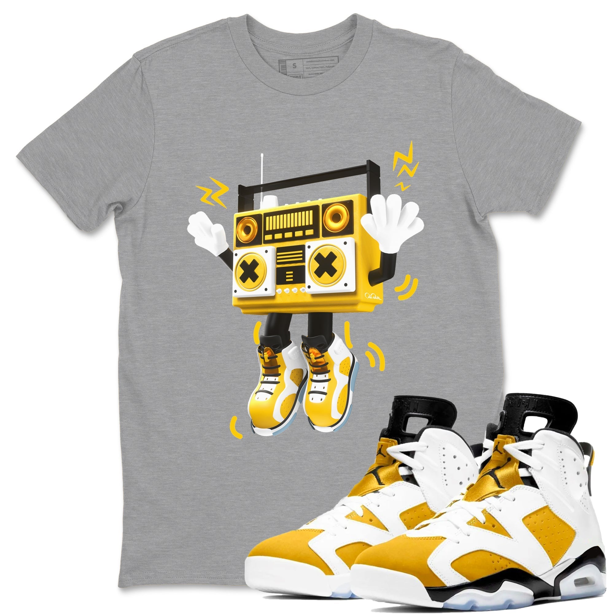 6s Yellow Ochre shirt to match jordans 90s Radio Boy sneaker tees streetwear brand Air Jordan 6 Yellow Ochre Drip Gear Zone Brand Unisex Heather Grey 1 T-Shirt