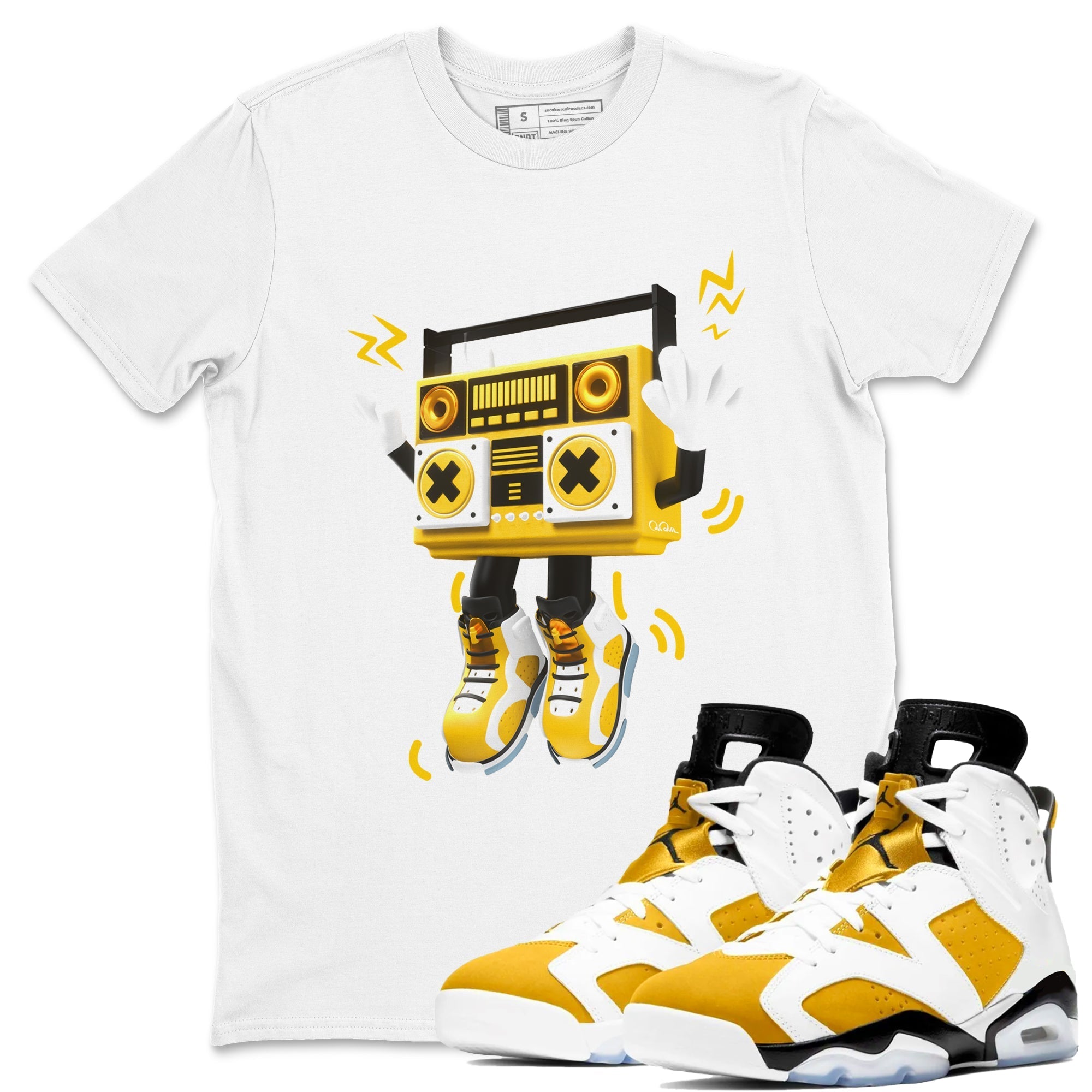 6s Yellow Ochre shirt to match jordans 90s Radio Boy sneaker tees streetwear brand Air Jordan 6 Yellow Ochre Drip Gear Zone Brand Unisex White 1 T-Shirt