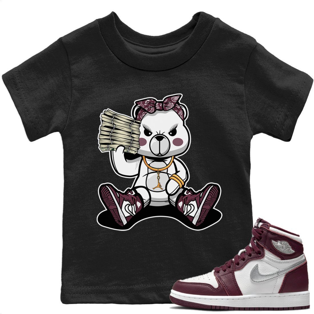 Jordan 1 Bordeaux Sneaker Matching T-Shirt Bad Baby Bear Sneaker Tees Jordan 1 Bordeaux Sneaker Release Tees Kids Shirts
